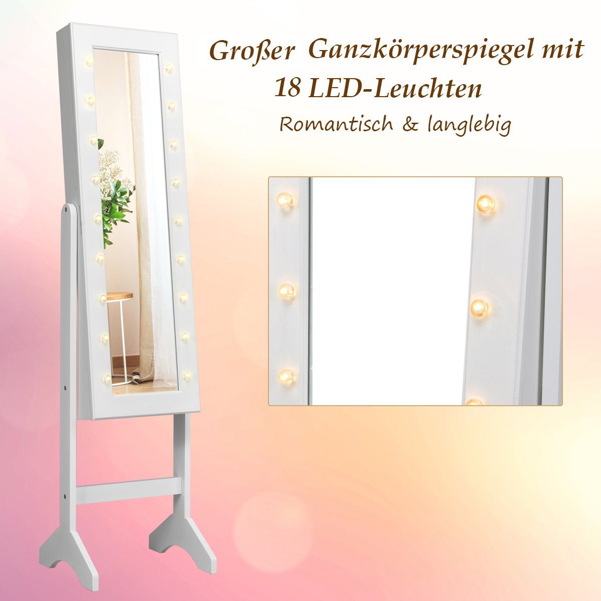 COSTWAY Schmuckschrank stehend, mit Spiegel, Weiß neigbar, 35×31,5x145cm LED und