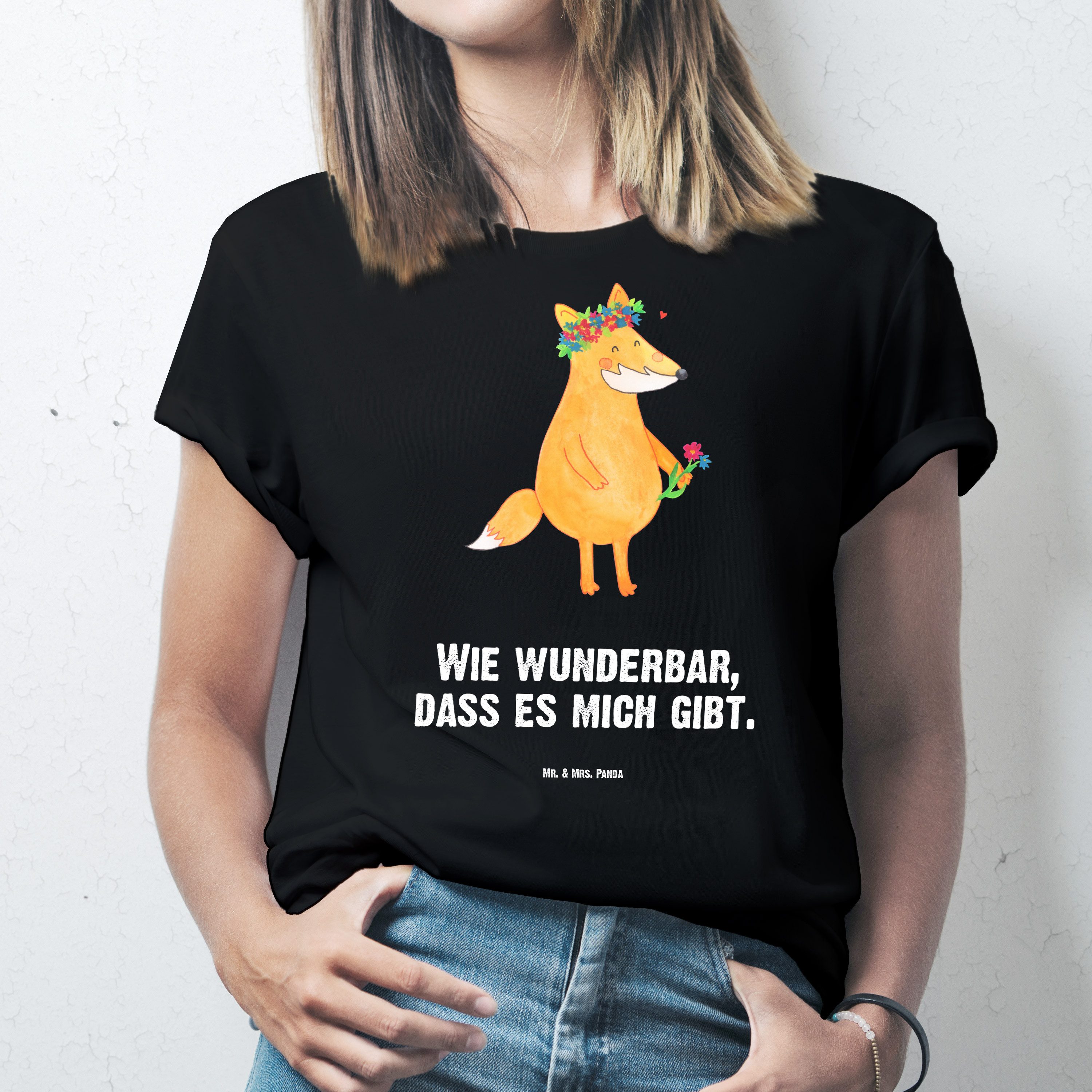 Mr. & Mrs. Panda T-Shirt Fuchs Blumen, Größe L T-Shirt, Schwarz, Selbstbewusst, Blumen, Fox, I (Packung) Blumenkranz Selbstbewusst Blumenmädchen
