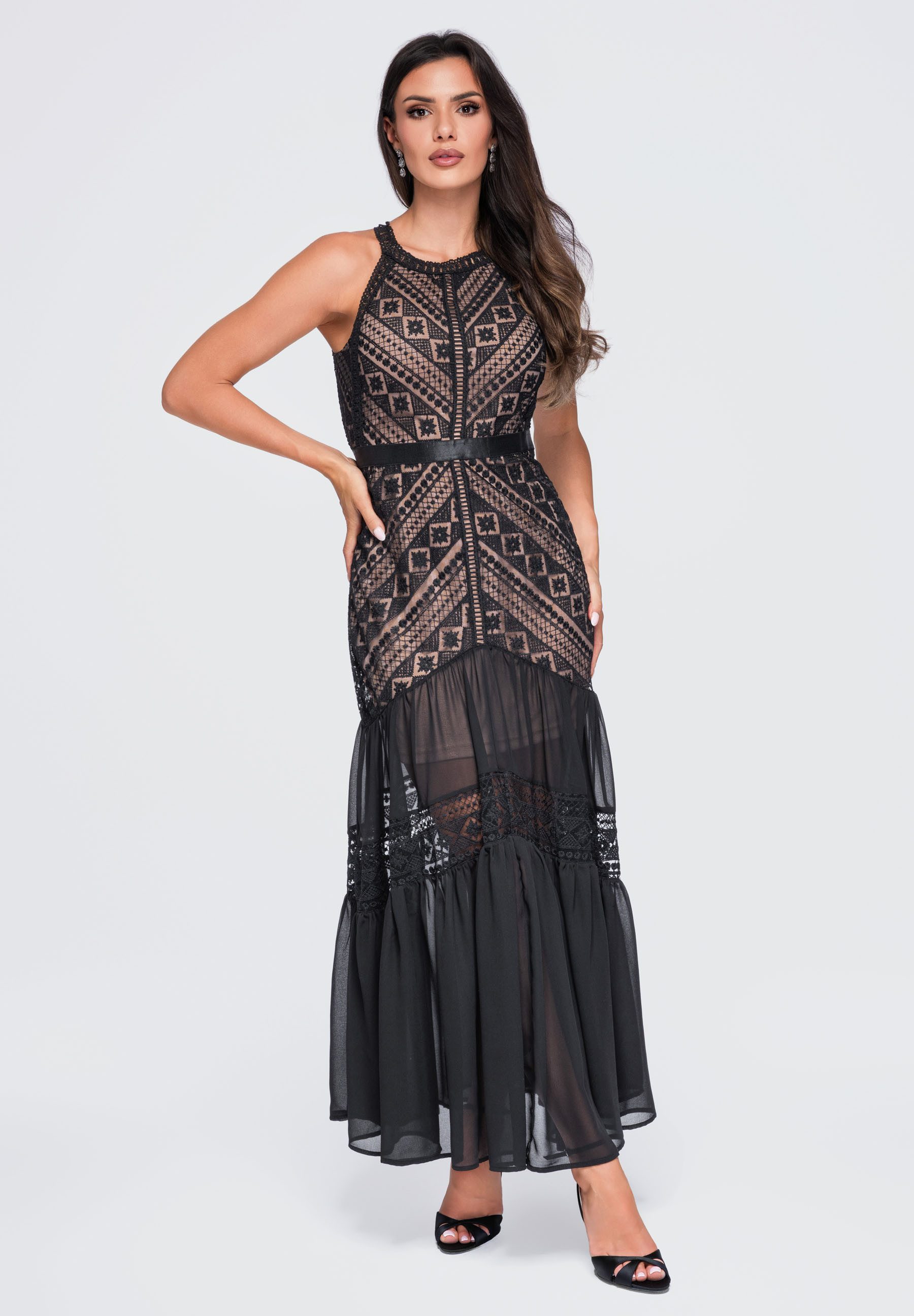 OMBRE Abendkleid Damen Abendkleid Maxi mit tailliertem Schnitt Schwarz S (kein Set, 1-tlg)