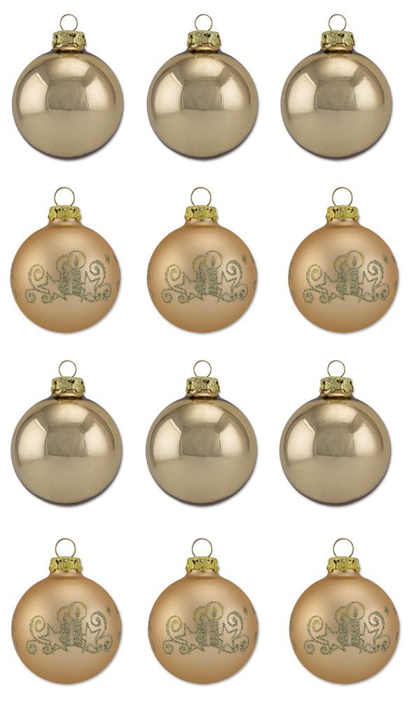 Thüringer Glasdesign Weihnachtsbaumkugel Gold mit Glitzer Dekor Kerzen Motiv - Christbaumkugeln aus Glas in Gold (12 St), aus Glas