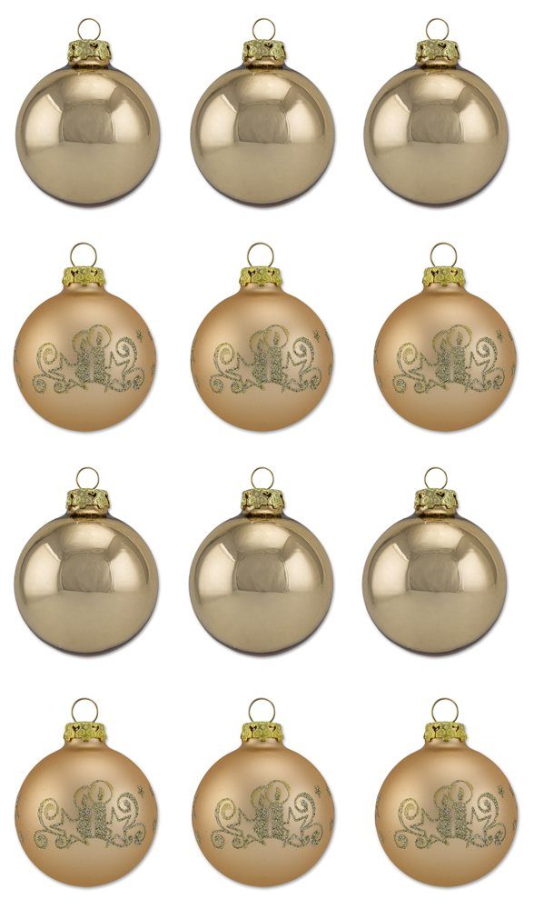 Thüringer Glasdesign Weihnachtsbaumkugel Gold mit Glitzer Dekor Kerzen Motiv - Christbaumkugeln aus Glas (12 St), aus Glas