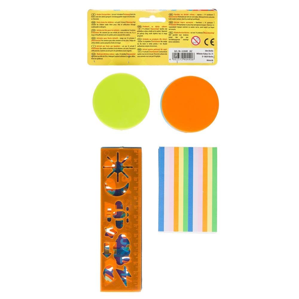 Idena Spielesammlung Partyspaß Set mit 14 Artikeln, (4x Geduldspiele, 6x Notizblöcke, 4x Lineale) Mitgebsel