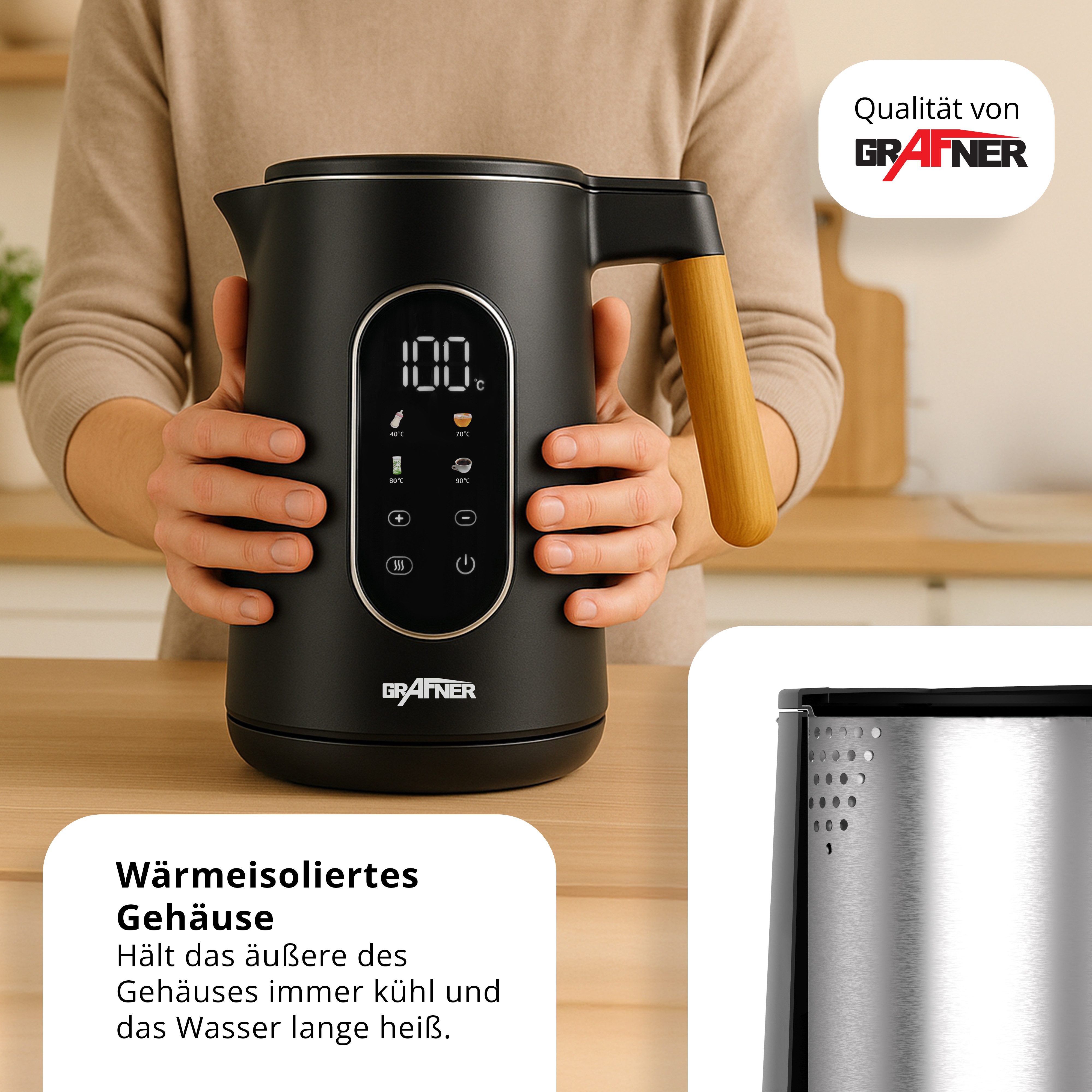 Grafner Wasserkocher Wasserkocher Edelstahl Holzdekor Temperatureinstellung Display 2200W, 2200 W, Edelstahl, schwarz
