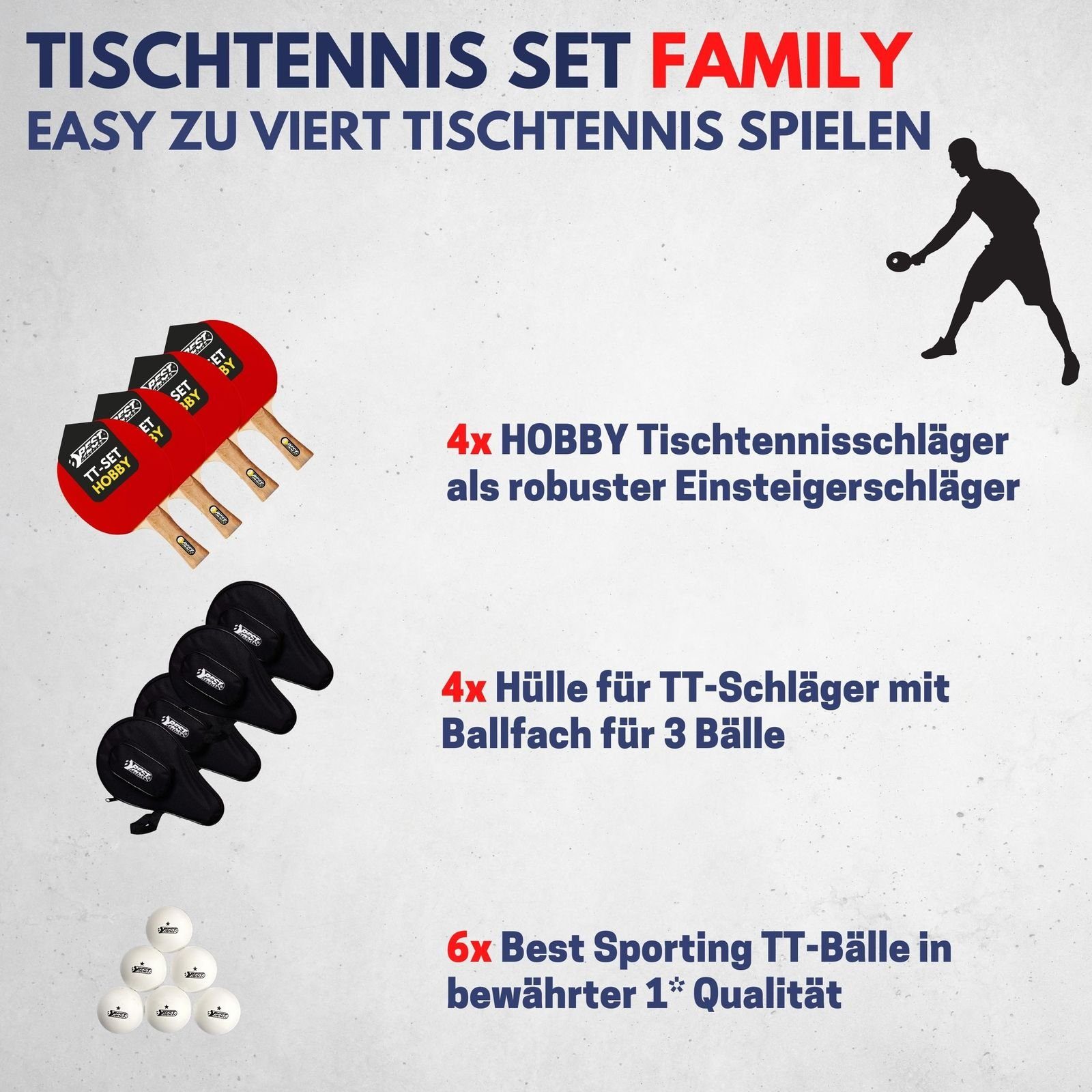 Tischtennis Sporting Set Taschen Schläger, wertiges Tischtennisschläger Table (9-teiliges Tischtennissets Best - FAMILY Tischtennisbälle 4 Tennis I Set I 1* 4 Racket) und