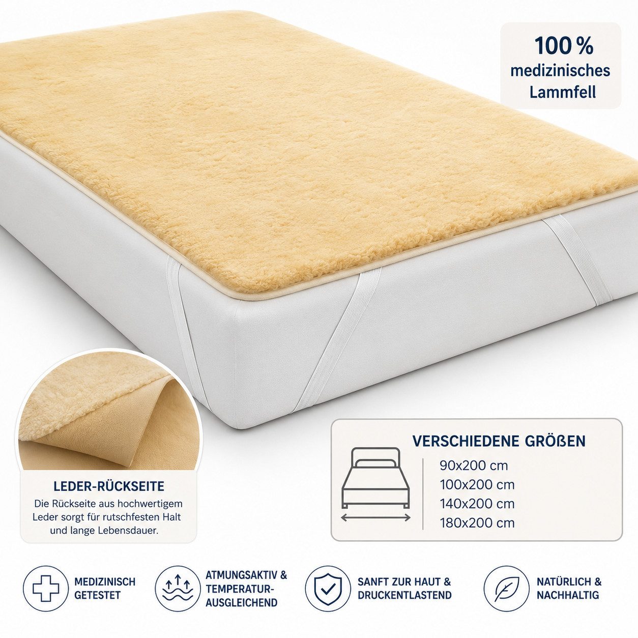 Matratzenauflage Unterbett Bettauflage 100 % medizinisches Lammfell, Lederrückseite LIRA Deko, 4 praktische Eckgummis, verschiedene Größen