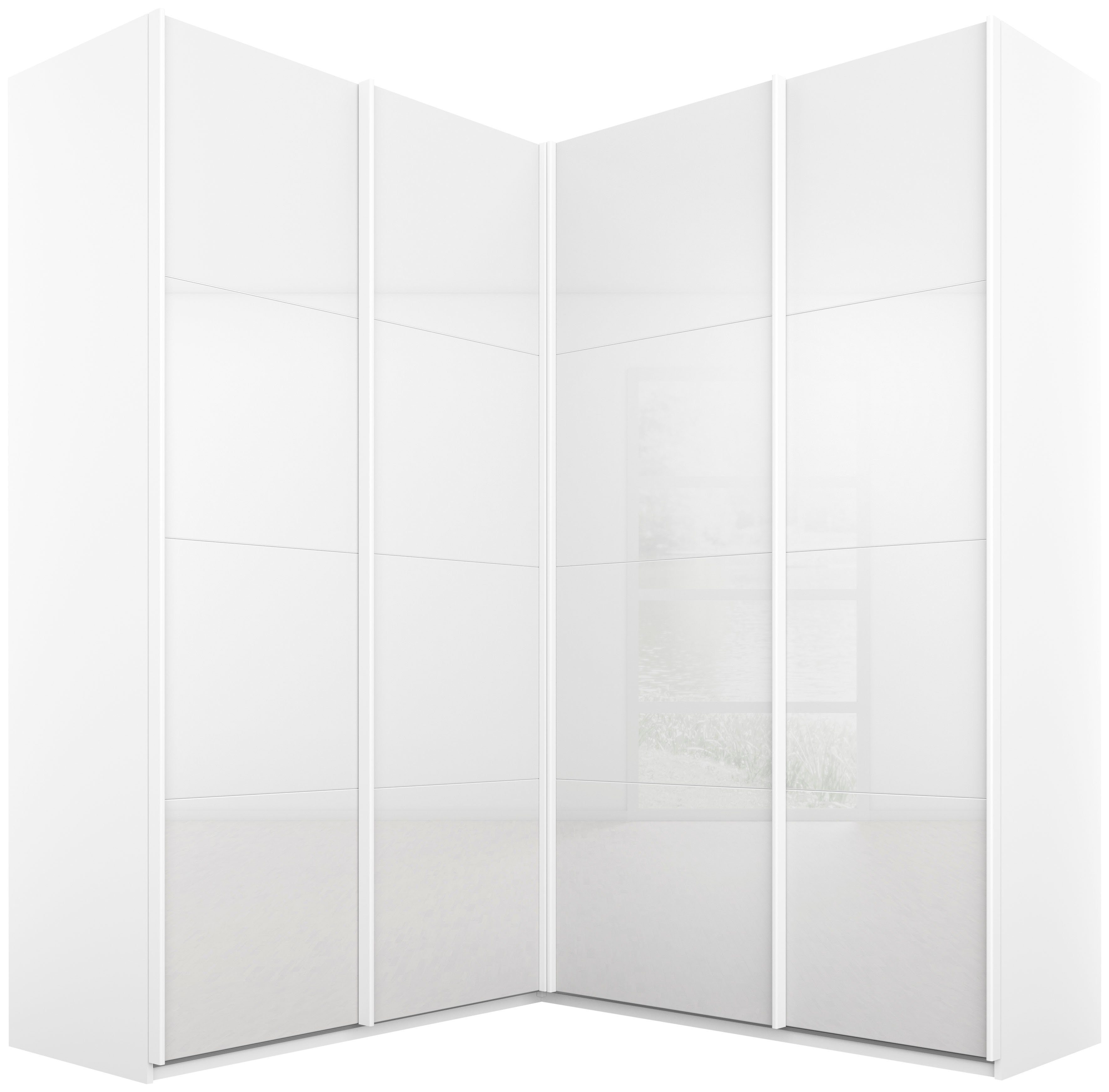 rauch Schwebetürenschrank Schrank Garderobe Eckkleiderschrank QUADRA Front in Dekor/Hochglanz (in den Höhen 210/229 cm, inkl. Soft-Close-Funktion) großer Eckschrank mit viel Stauraum, Maß 181x187 cm MADE IN GERMANY
