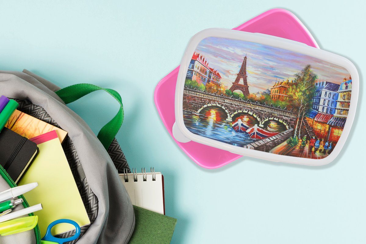- rosa Brotbox Erwachsene, Lunchbox Öl Kunststoff - - Mädchen, Gemälde Brotdose Paris Snackbox, Eiffelturm - Kunststoff, MuchoWow Wasser, für Kinder, (2-tlg),