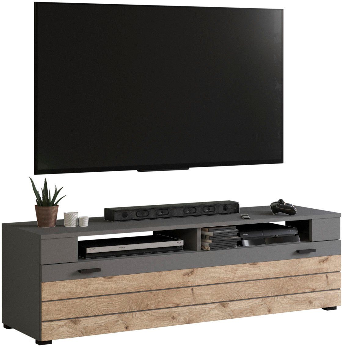 Lowboard Aalborg, Breite 140 cm, 1 Klappe, 2 offene Fächer, Metallgriffe