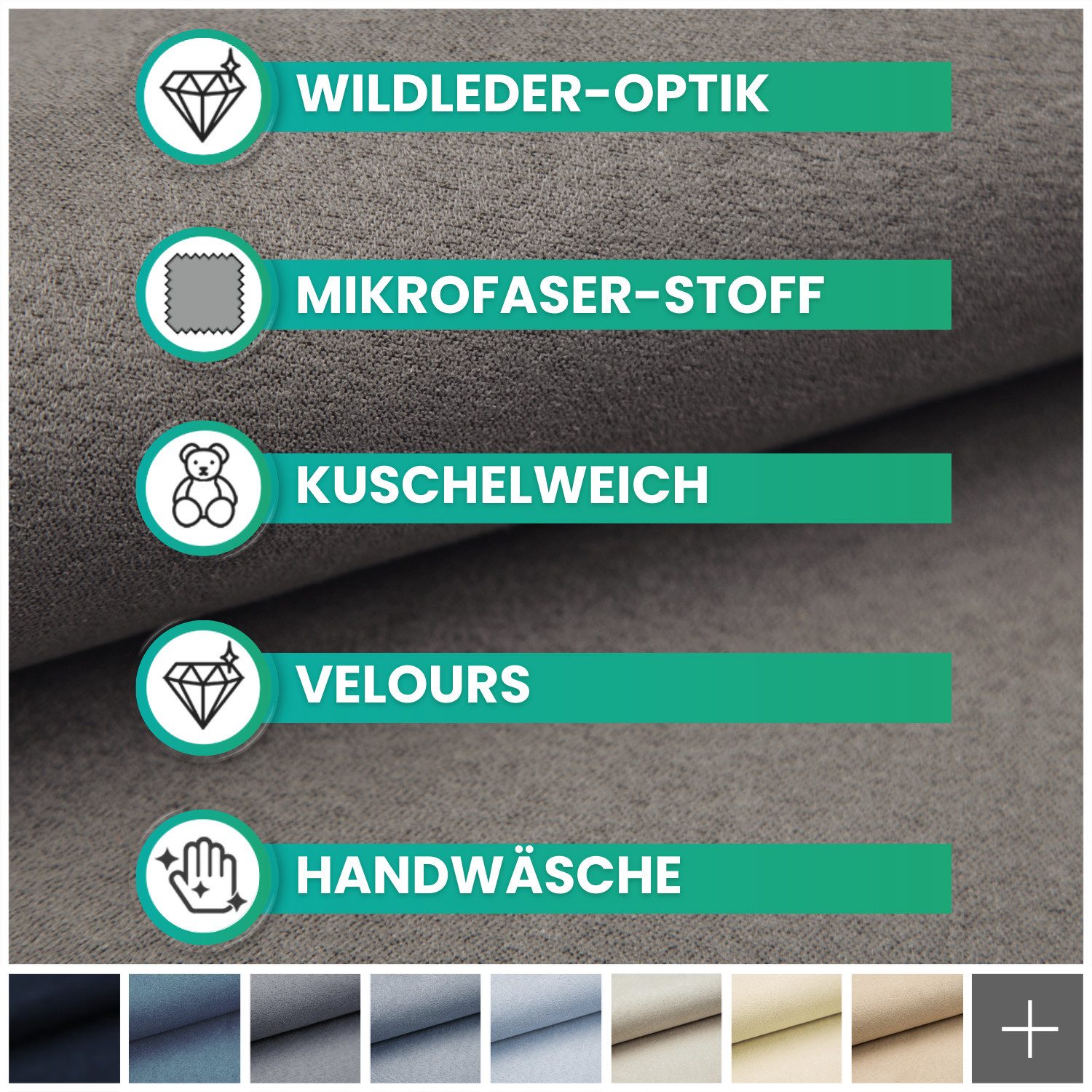 novely® Stoff ALPEN Polsterstoff im Wildleder-Look - Velours-Microfaser-Möbelstoff, Robust, Wasserfest, Samtweich, Meterware, 1lfm