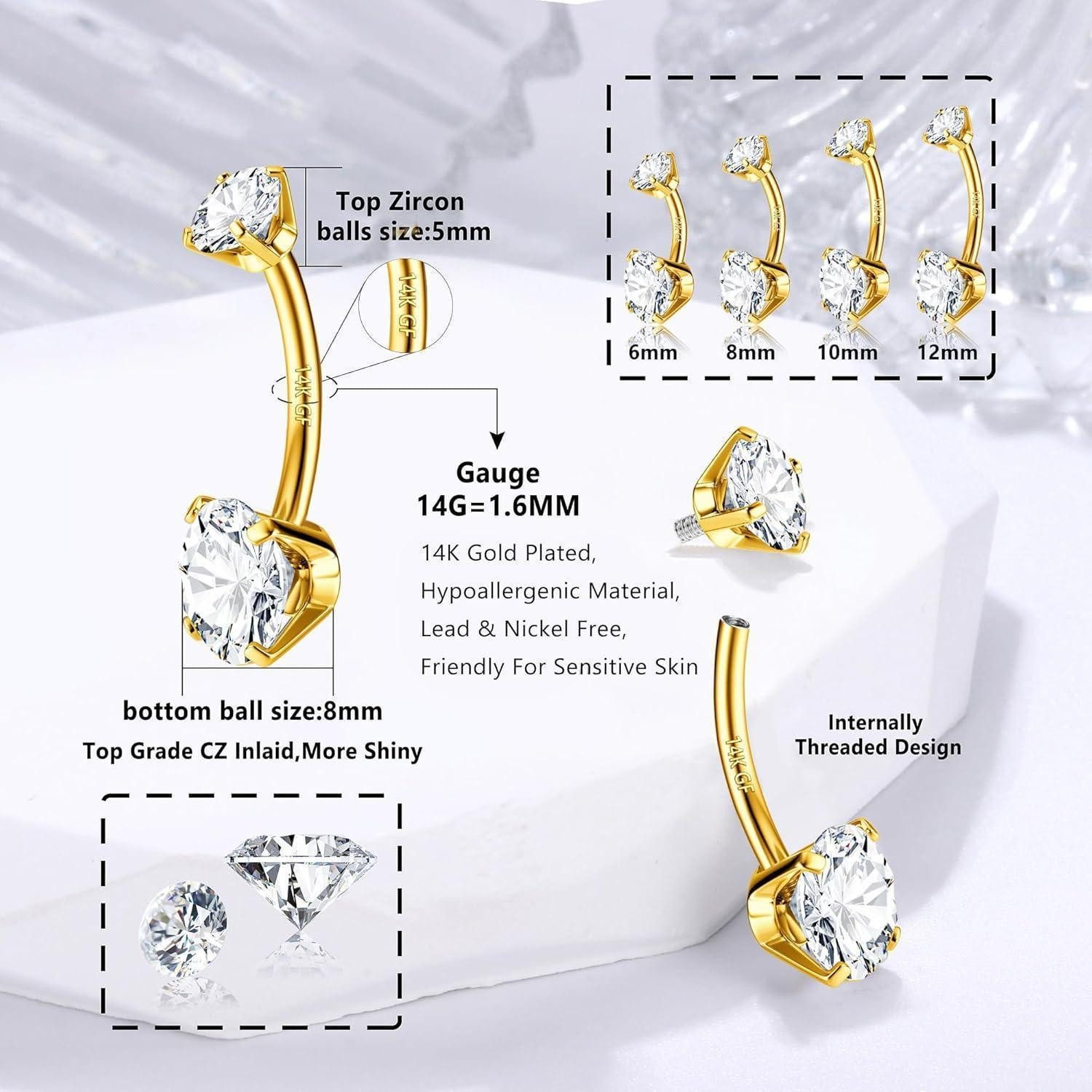 LuxusKollektion Bauchnabelpiercing Bauchnabelpiercing 14G 925 Silber Titan Gold Zirkonia Ring Lang