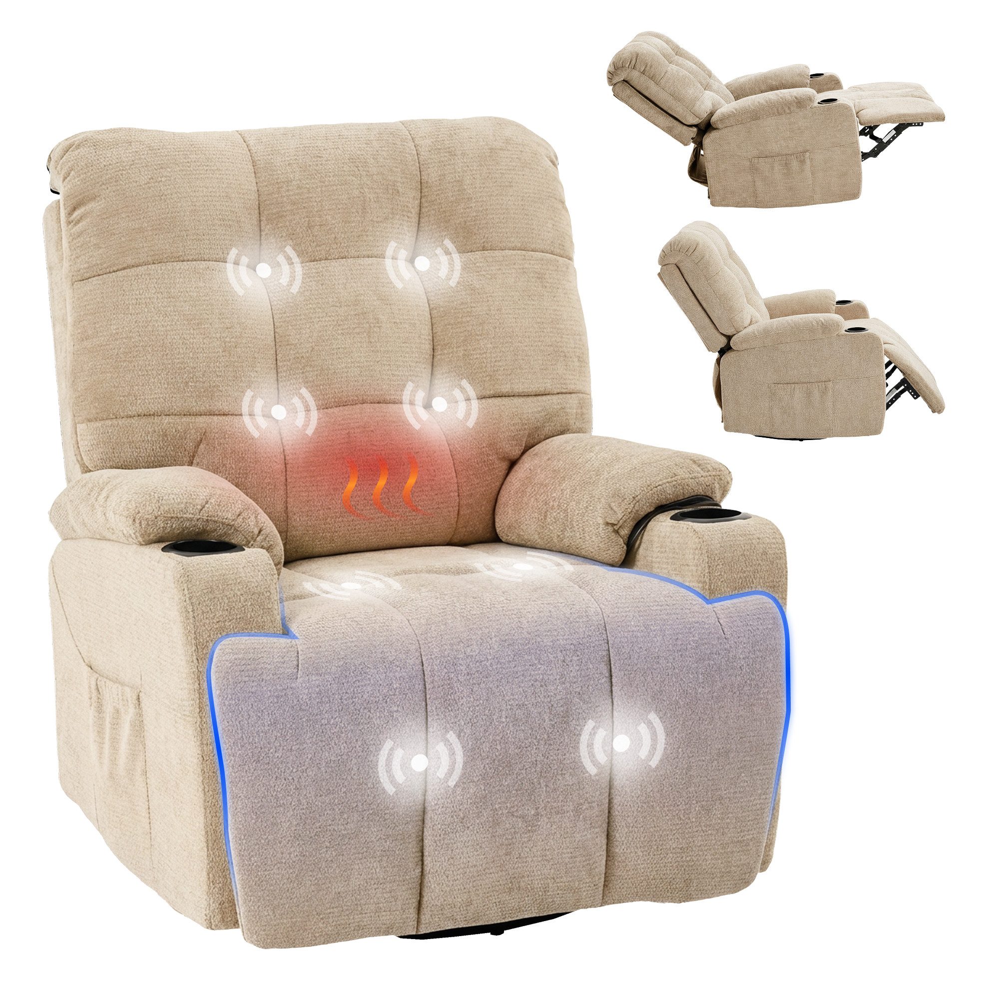 FLEXISPOT Relaxsessel Elektrischer Schaukelsessel, Massagesessel, Fernsehsessel,360°drehbar (mit Heiz- und Liegefunktion, 8-Punkt-Massage, USB-/Type-C-Ansclhluss, 2 Seitentaschen, 2 integrierte Getränkehalter, 105°-165° verstellbar), belastbar bis 200 kg,