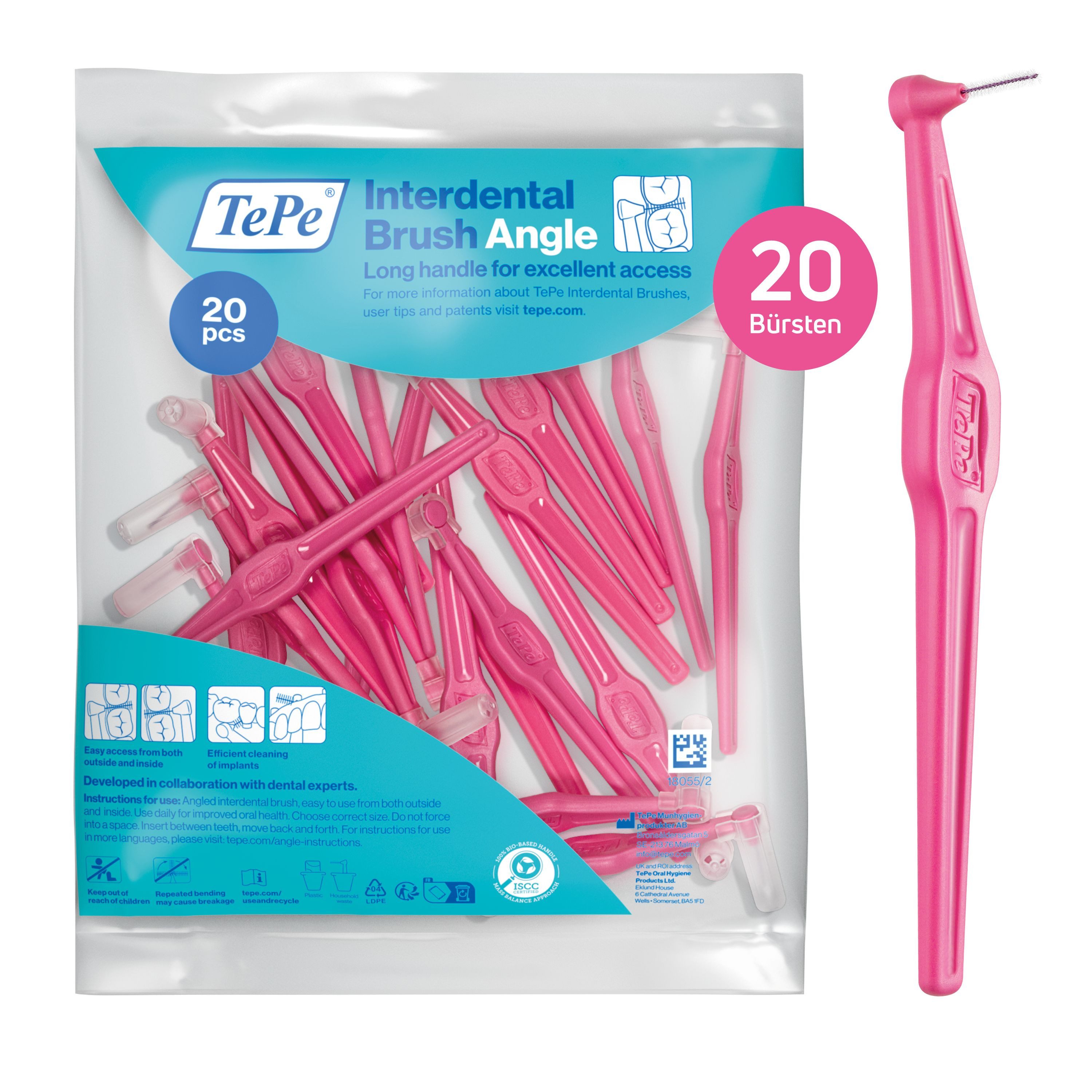 TePe Interdentalbürsten Angle Pink 0,4 mm, ISO 0 20-Pack, Langer, flacher Griff