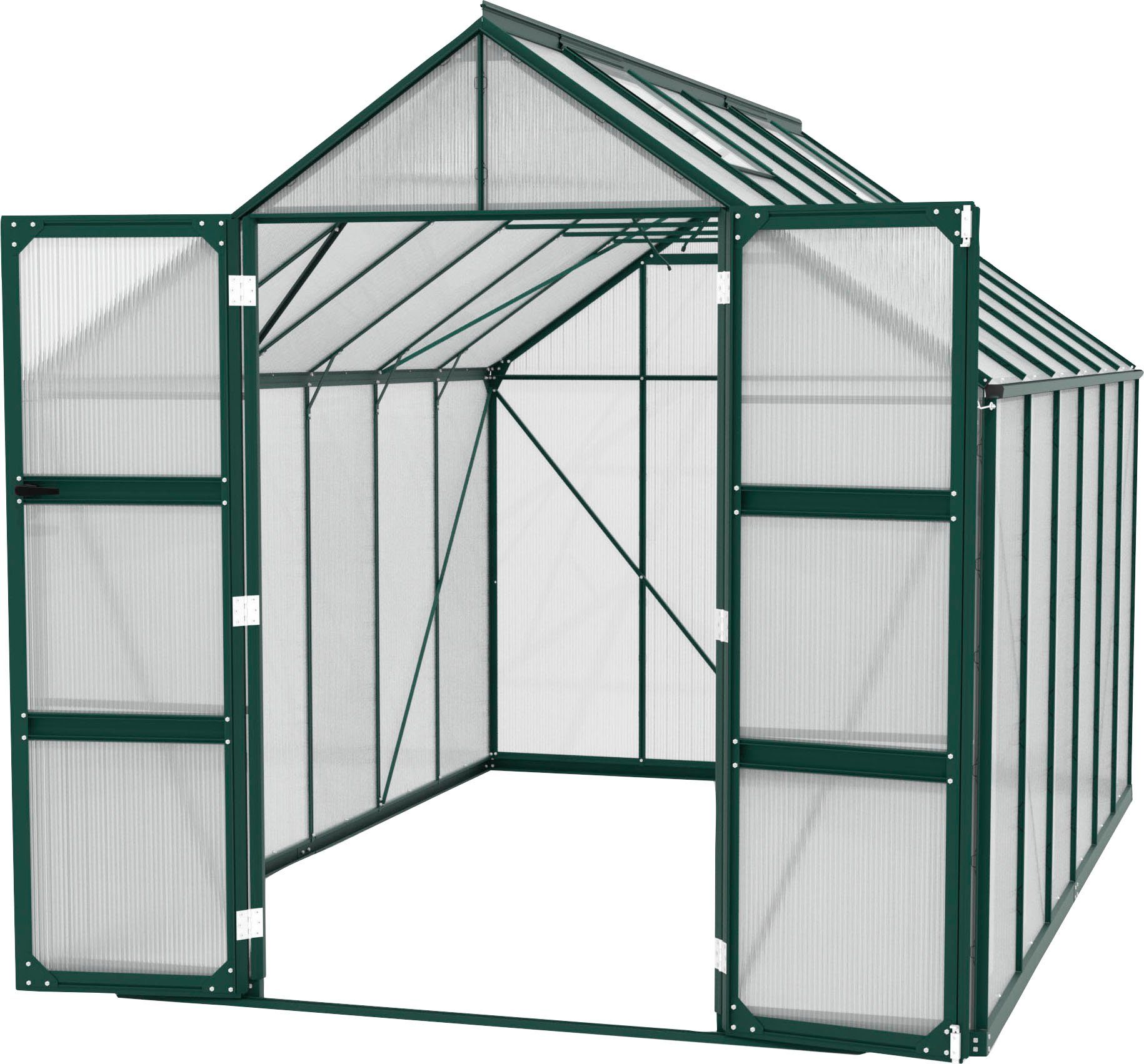 Vitavia Gewächshaus Domus 9900, BxTxH: 257 x 387 x 253,9 cm, 6 mm Wandstärke, mit Doppelschwingtüren und bodentiefer Türschwelle, 6 mm Hohlkammer grün