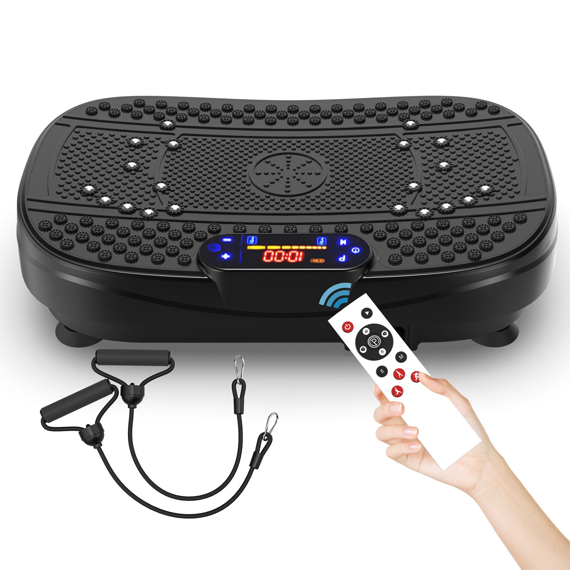 Rolipo Vibrationsplatte 120 Stufen, 53x32x13 cm, 7.5 kg – Ganzkörper-Fitnessgerät, 200 W, 5 Intensitätsstufen, mit Widerstandsbändern & Smartphone-Anschluss
