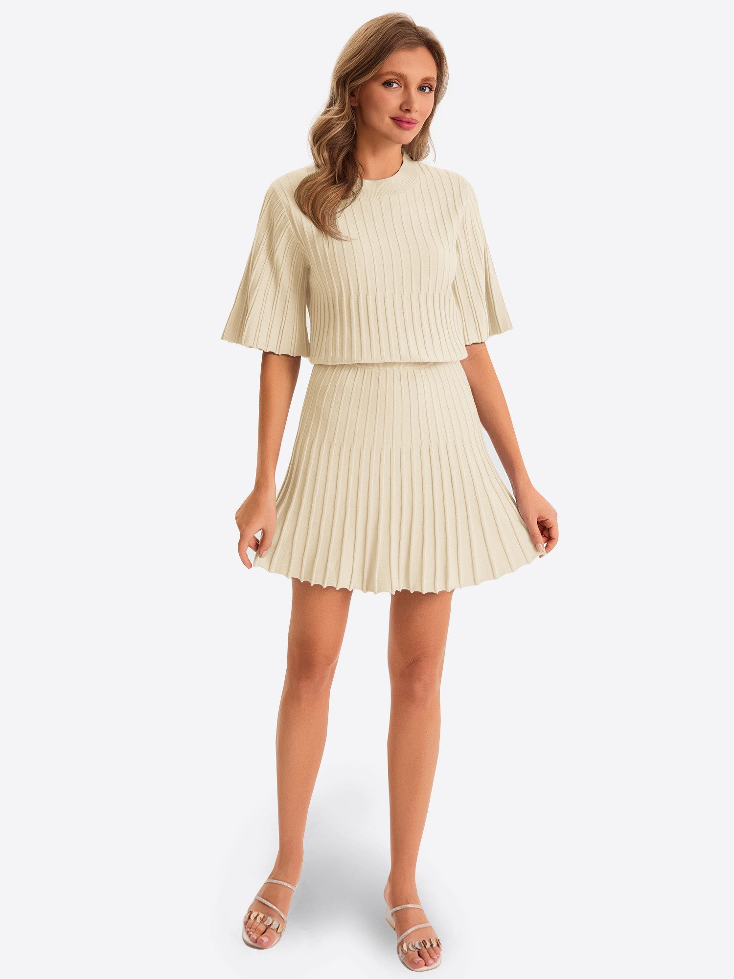 Imily Bela Hausanzug Damen Strick Halbarm Geripptes Top Plissierter Rock Sommer Loungewear (Set, 2 tlg., 2er-Pack, Top+Rock) mit Rundhalsausschnitt und Trompetenärmeln gehäkelt in Unifarbe