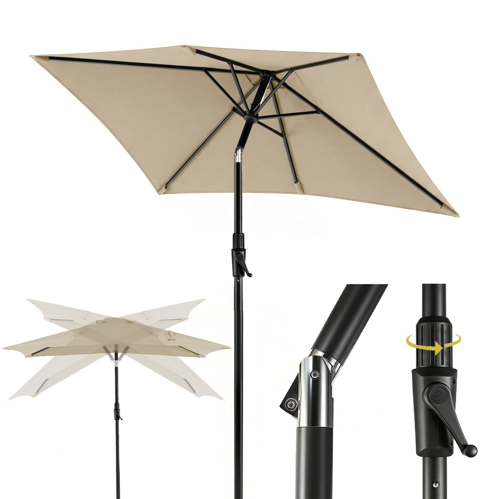 Sekey Sonnenschirm Rechteckig Marktschirm Neigbar mit Kurbel Sonnenschirm Groß, LxB: 210x140 cm, Sonnenschirm 200 x 140 cm, Gartenschirm Outdoor Wetterfest, Knickbar