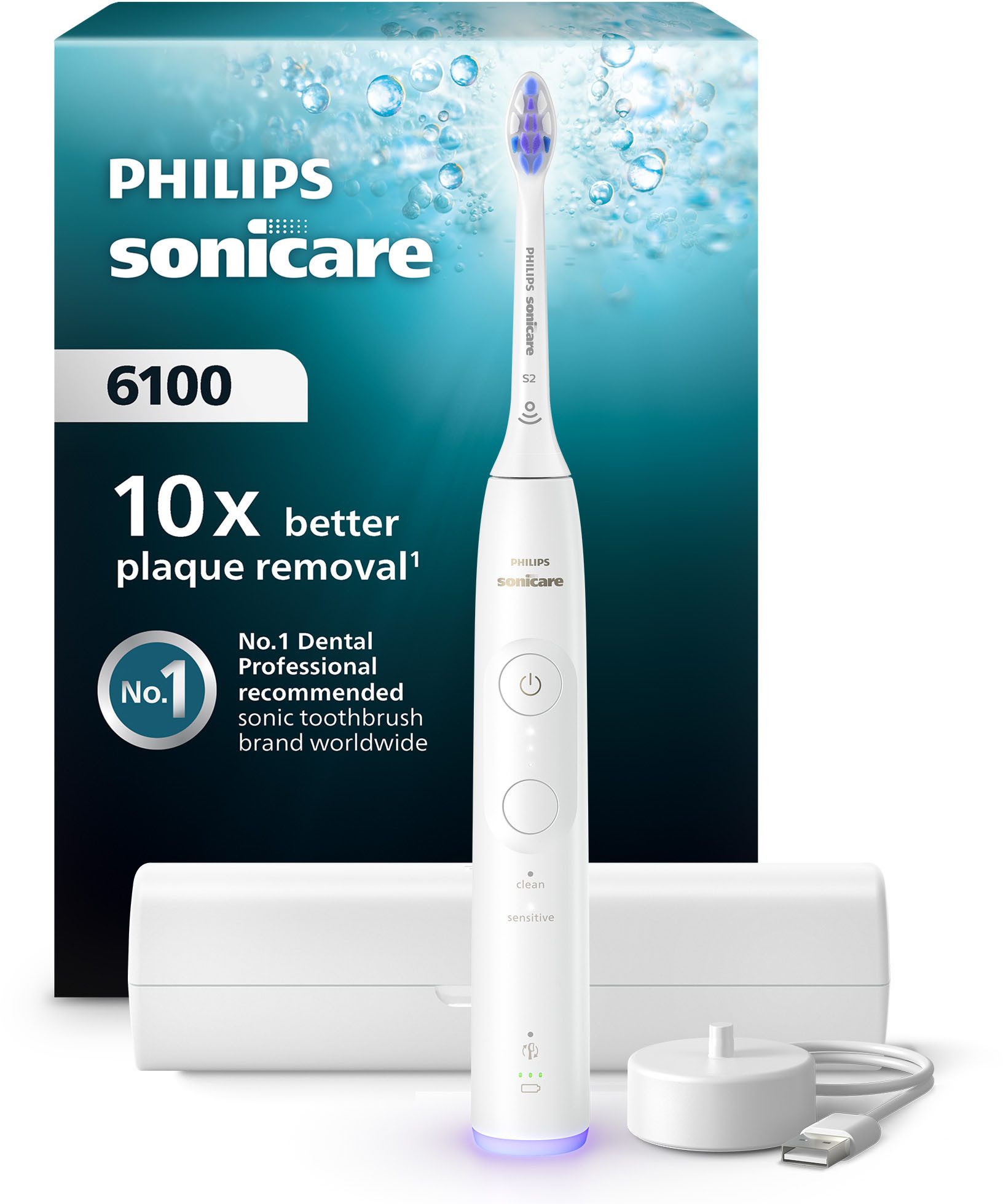 Philips Sonicare Elektrische Zahnbürste Series 6100, Aufsteckbürsten: 1 St., mit Andruckkontrolle, 2 Putzeinstellungen und 3 Intensitätsstufen