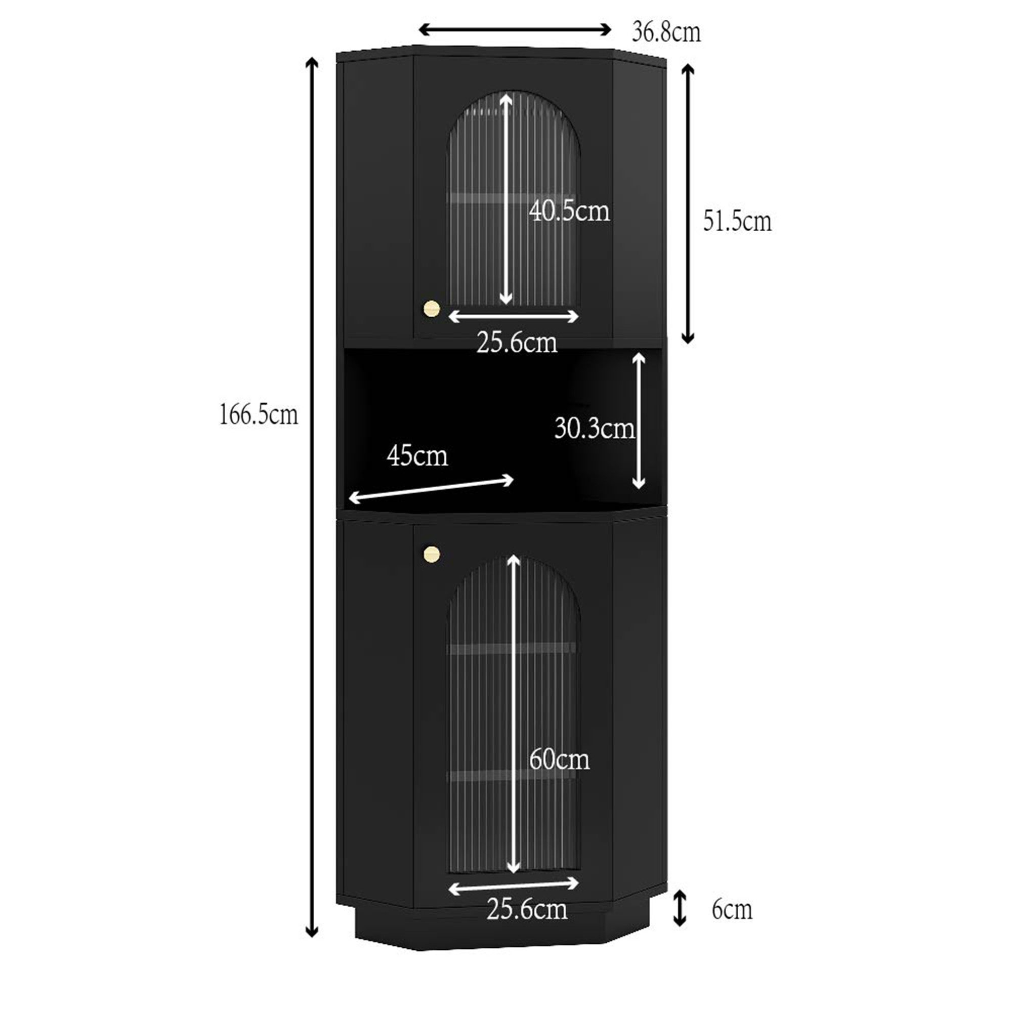 Flieks Badkommode Eckschrank mit LED-Beleuchtung Hochschrank (1 St., mit verstellbaren Einlegeböden, B45/H166,5 cm), Dreieckiger Badezimmerschrank mit 2 Glastür – Bild 4 von 5