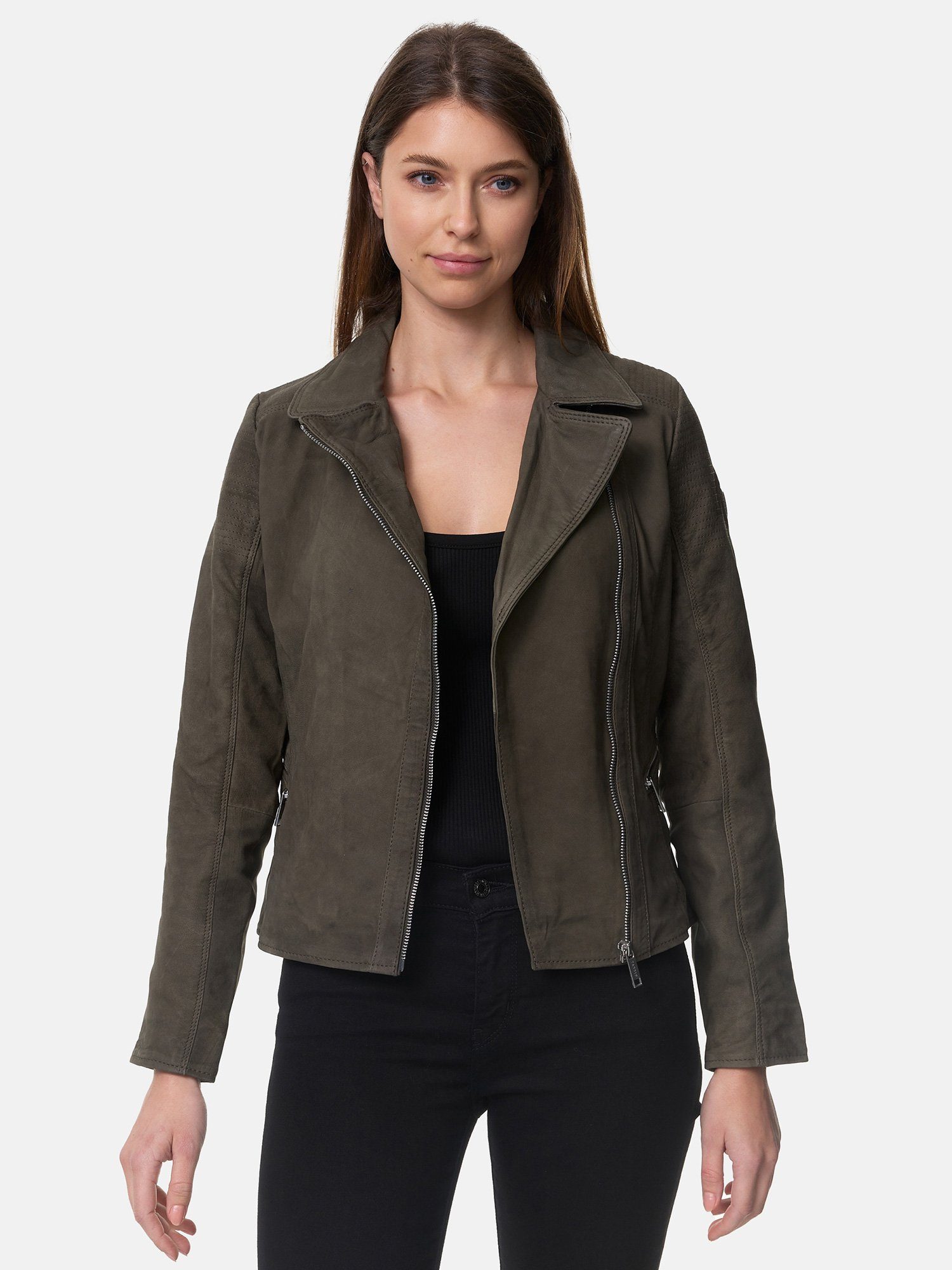 Reverskragen khaki Damen mit Lederjacke Look Zipper-Details im Biker Leder & Jacke F500 Tazzio