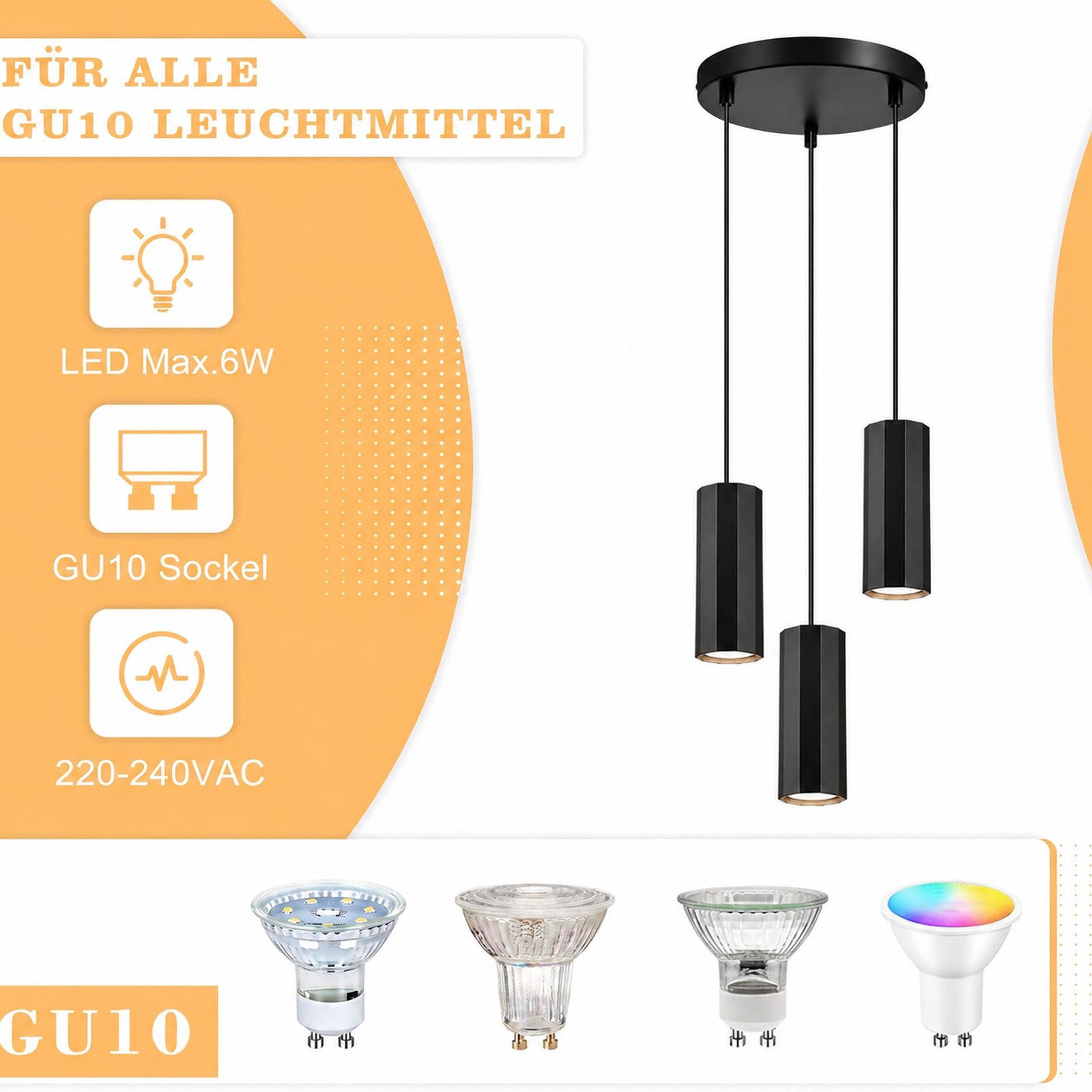 Nettlife Pendelleuchte Esstisch Modern Hängelampe 1/3/4flammig GU10 Pendellampe Schwarz, höhenverstellbar, ohne Leuchtmittel, für Esszimmer Wohnzimmer Küche Sch – Bild 4 von 5