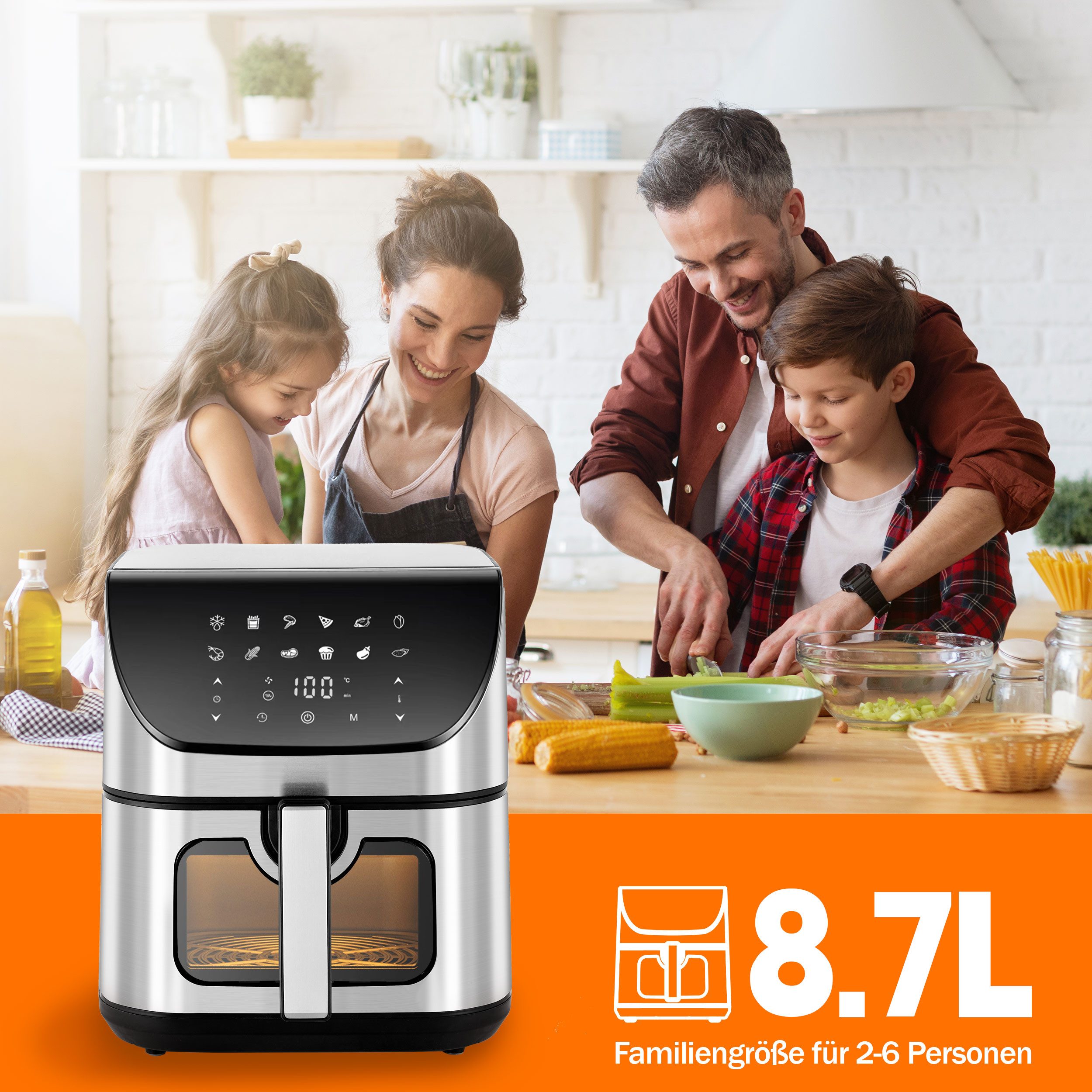 Sinaopus Heißluftfritteuse 8.7L Heißluftfritteuse mit großem Fassungsvermögen, ohne Öl, 1800,00 W, gesundes Kochen mit weniger Öl, 	80-200°, digitales Display