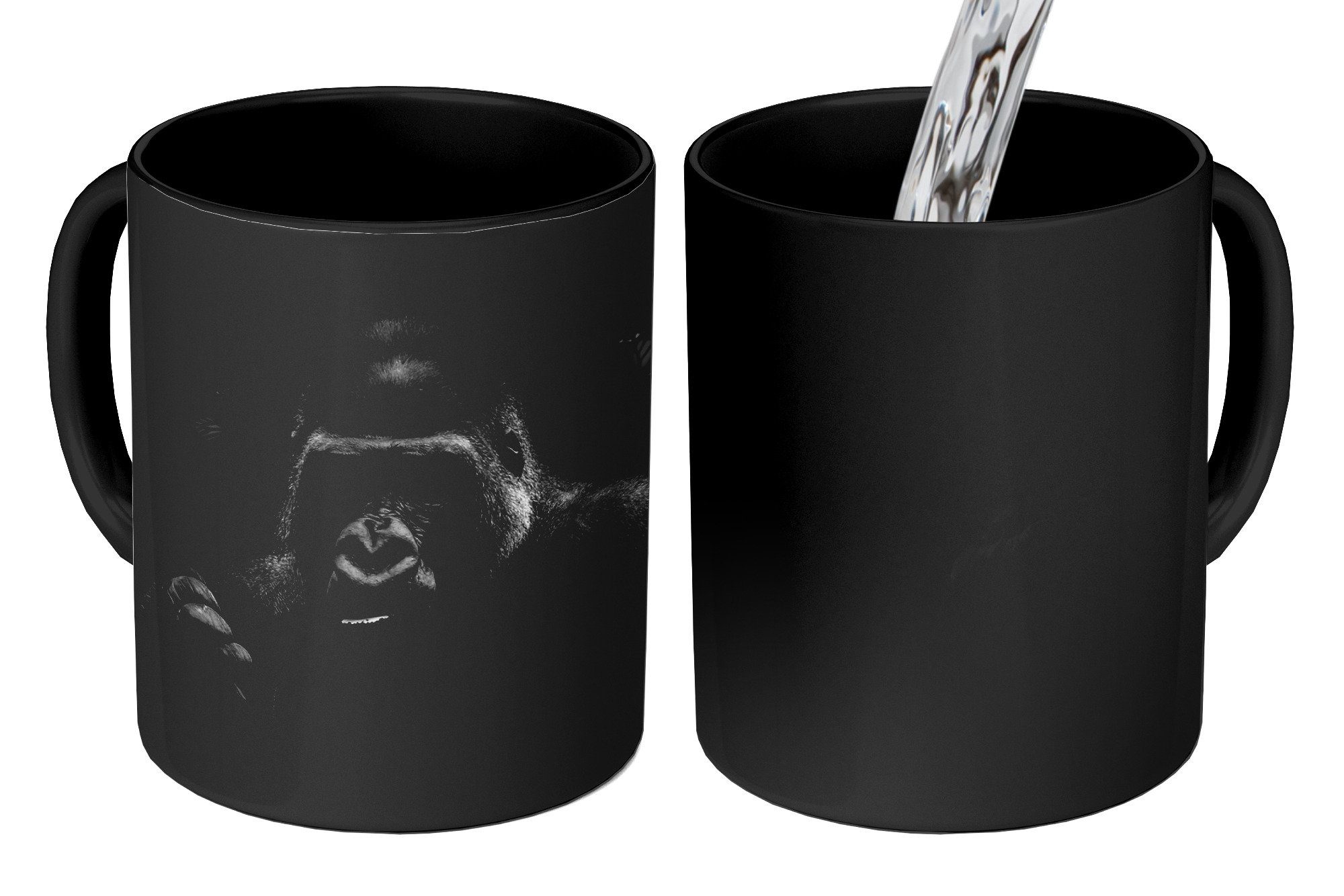 MuchoWow Tasse Panorama mit Gorillas im Dschungel - schwarz und weiß, Keramik, Farbwechsel, Kaffeetassen, Teetasse, Zaubertasse, Geschenk