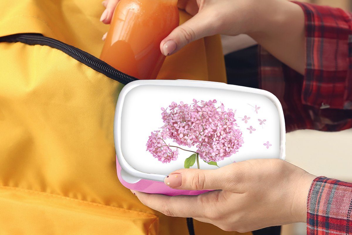 MuchoWow Lunchbox Nahaufnahme Hortensie Snackbox, Mädchen, Brotbox (2-tlg), weißem Kunststoff, rosa Kunststoff Brotdose auf Hintergrund, Erwachsene, Kinder, für