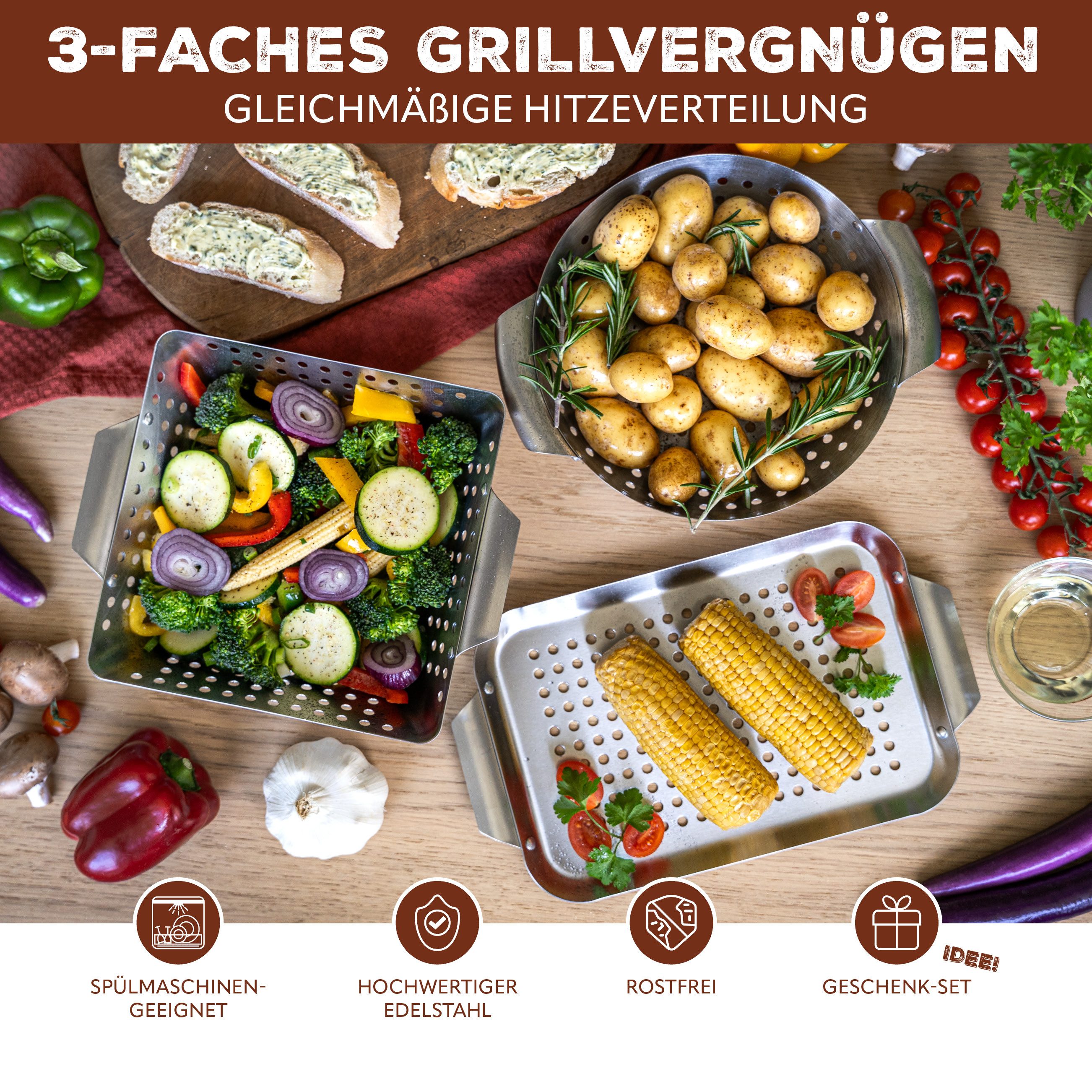 bremermann Grillplatte Grillkörbe 3er Set Edelstahl Grillpfanne Grillplatte Grillkorb (3-St) – Bild 2 von 5