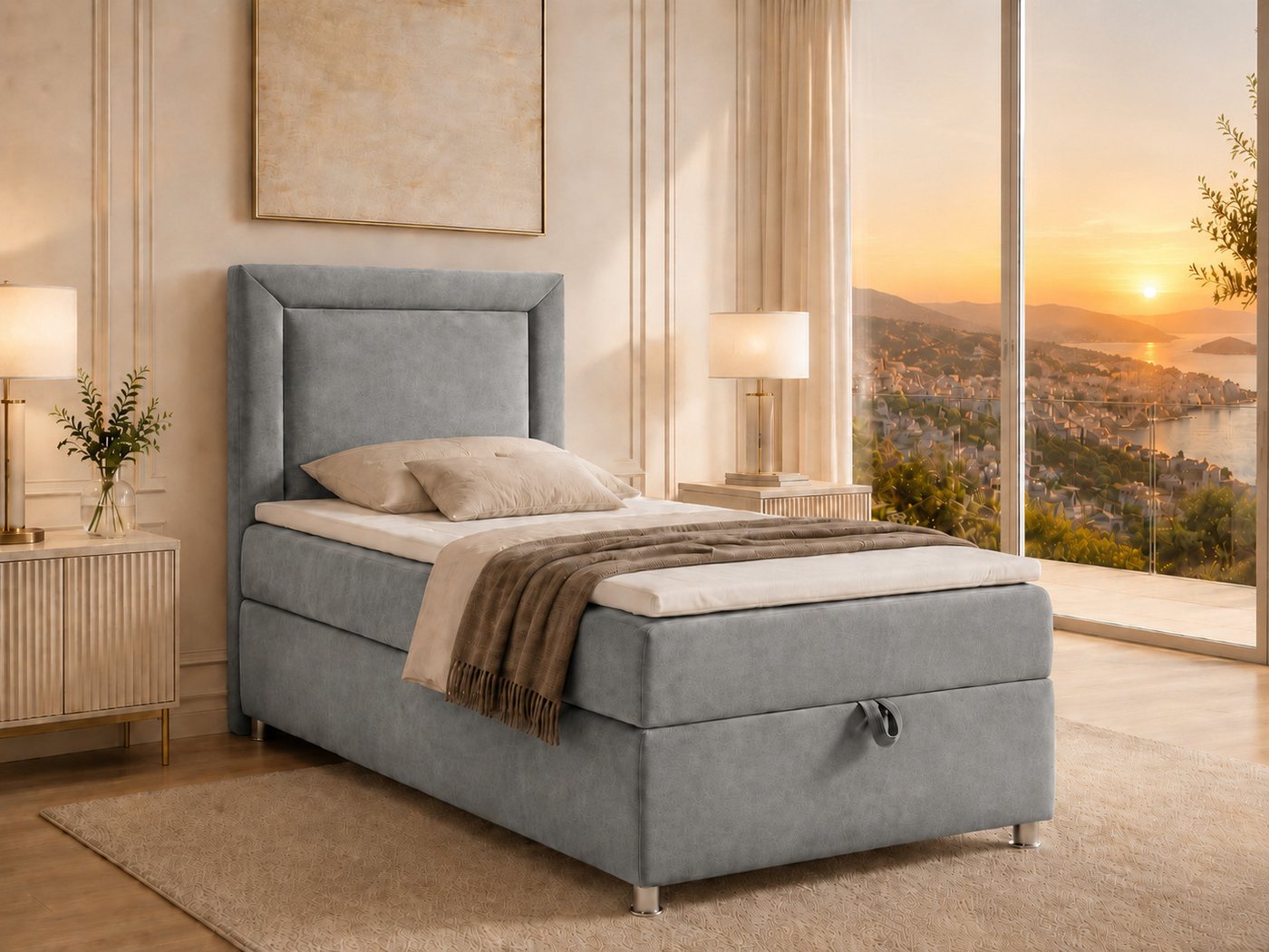 Best for Home Boxspringbett Trinity K-3 Boxspringbett mit Stauraum und Topper (Einzelbett, Polsterbett mit gepolstertes Kopfteil, Jugendbett, Kinderbett versch. Größen, 3-St., Boxspringbett-Set inklusive Matratze und Topper), Bettkasten mit Hebemechanismu