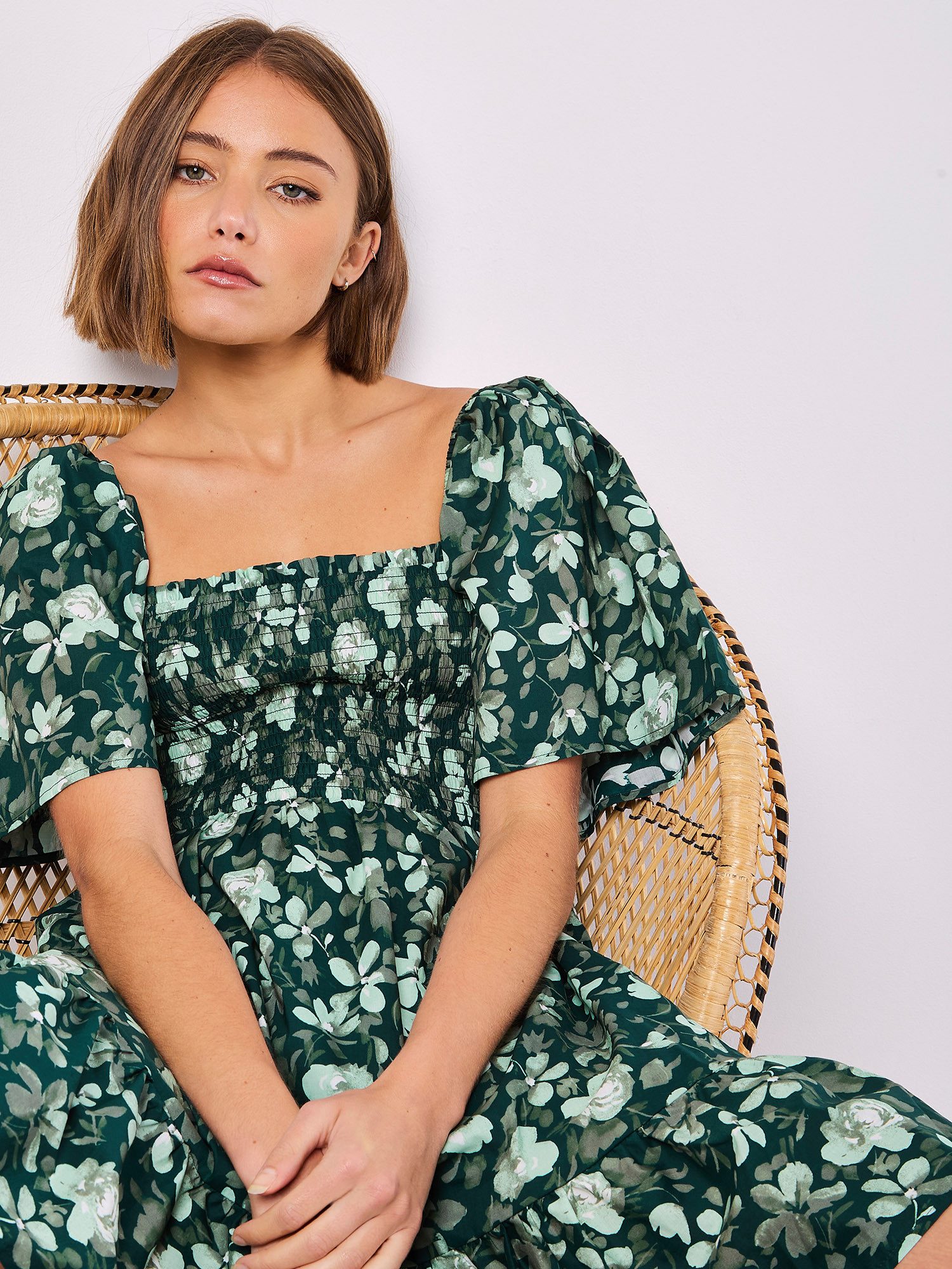 Apricot Minikleid Gesmoktes Minikleid aus Baumwollpopeline mit floralem Muster – Bild 5 von 5