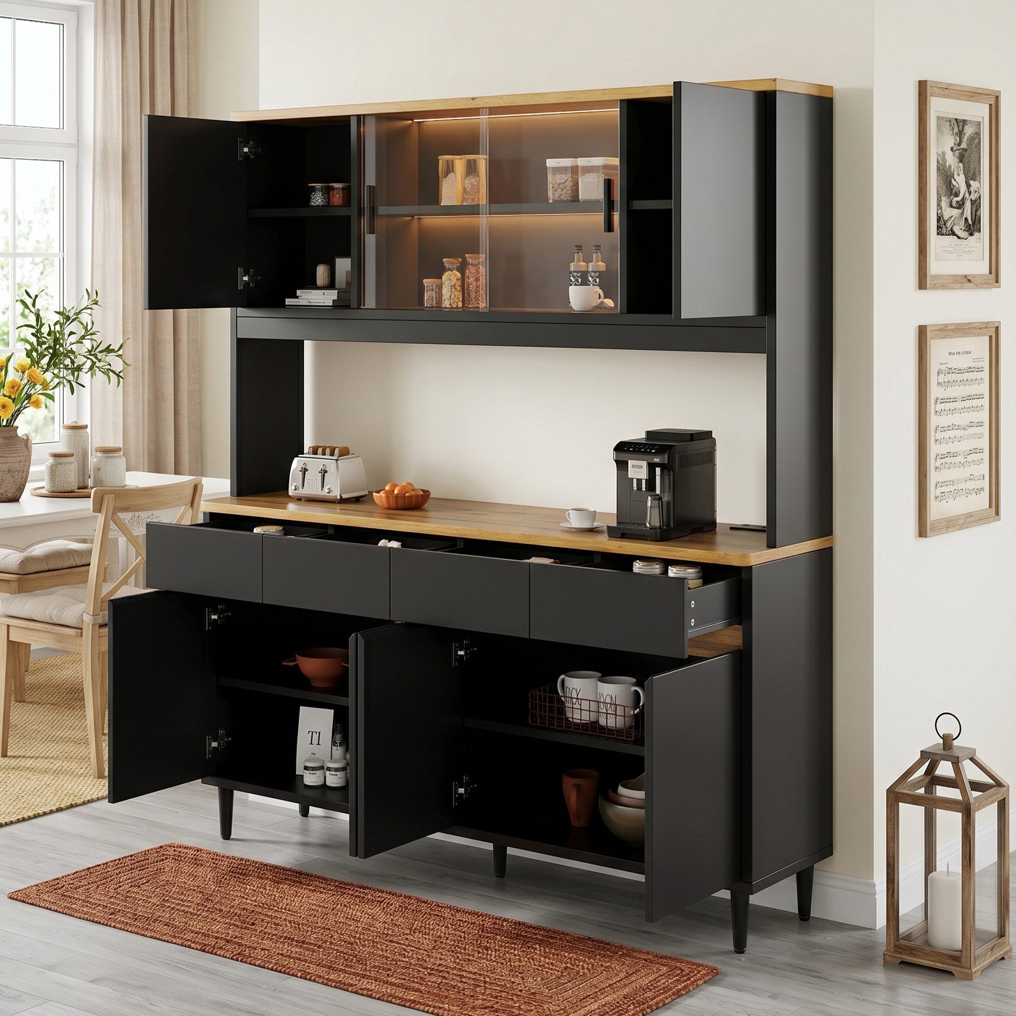 BlingBin Hochschrank 160x40x185 cm Buffetschränke Mit Farbigem Lichtstreifen, Küchenbuffet (1er Set, 1-St., Tragfähigkeit: 45kg, Integrierte Steckdose, USB-C- & USB-A-Anschlüsse) Küchenschrank mit Mehrstufigem Stauraum für Esszimmer, Schwarz+Eiche