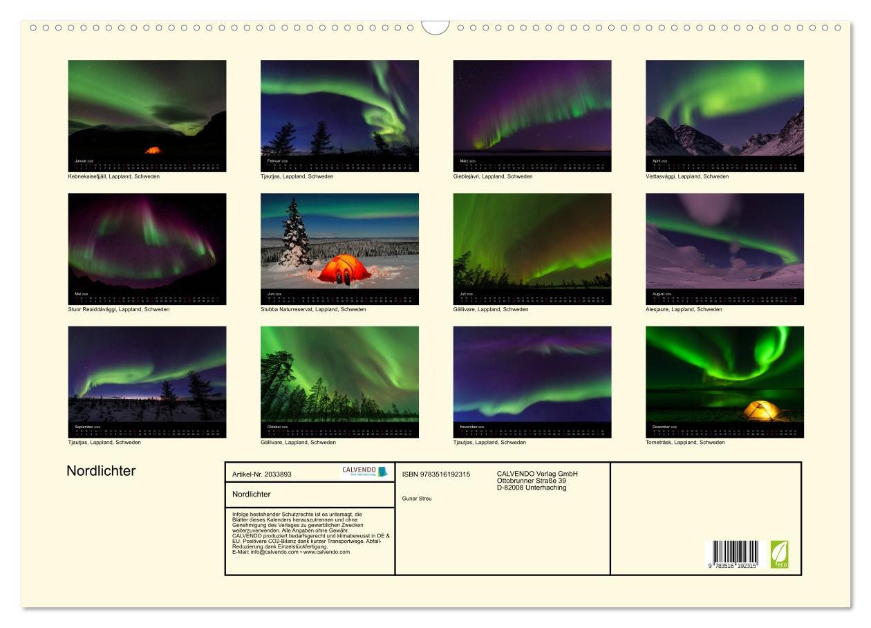 Thumbnail - CALVENDO Wandkalender Nordlichter (Wandkalender 2026 DIN A2 quer), CALVENDO Monatskalender