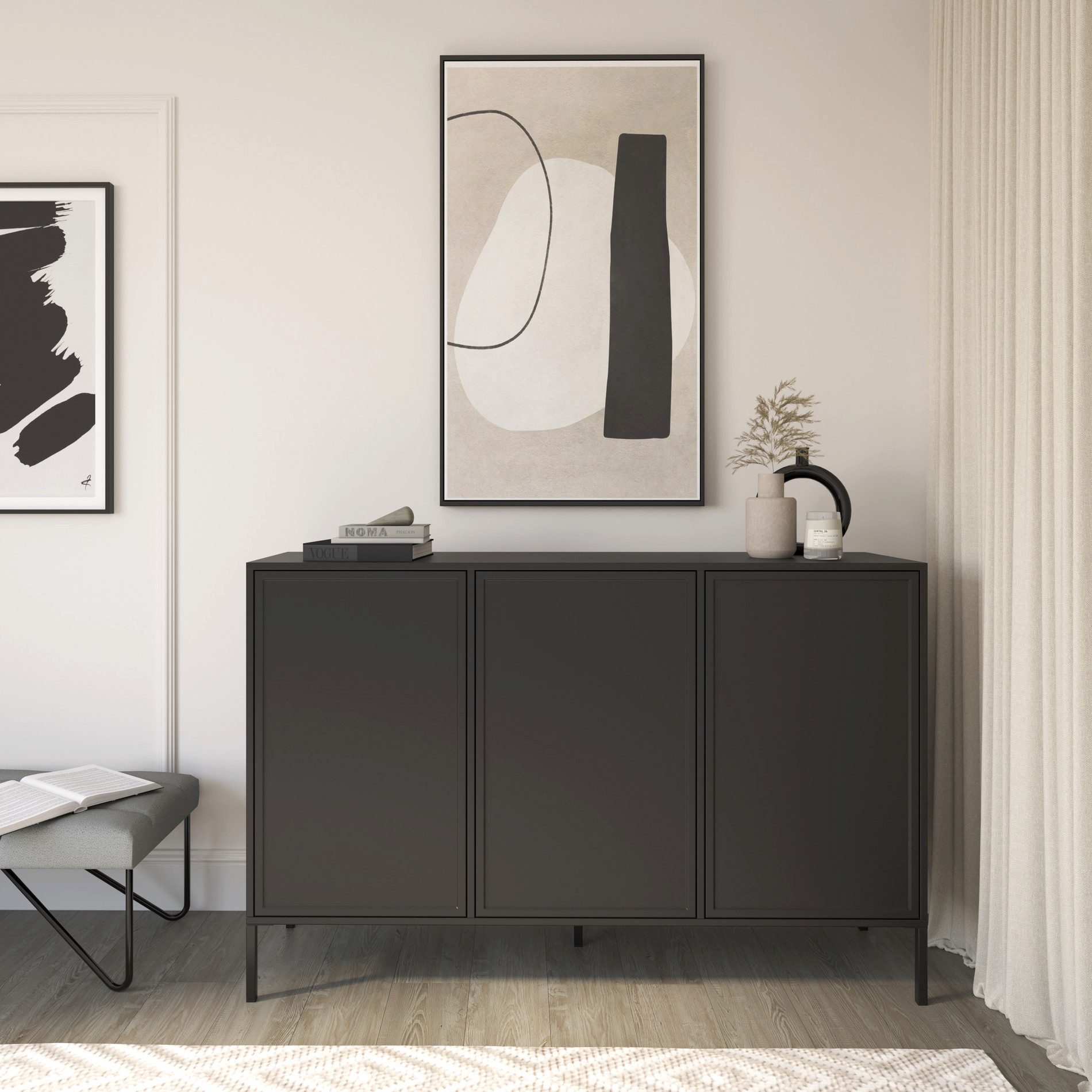 Selsey Sideboard VELVETO, Sideboard in Schwarz & Push-to-Open, 3 Türen