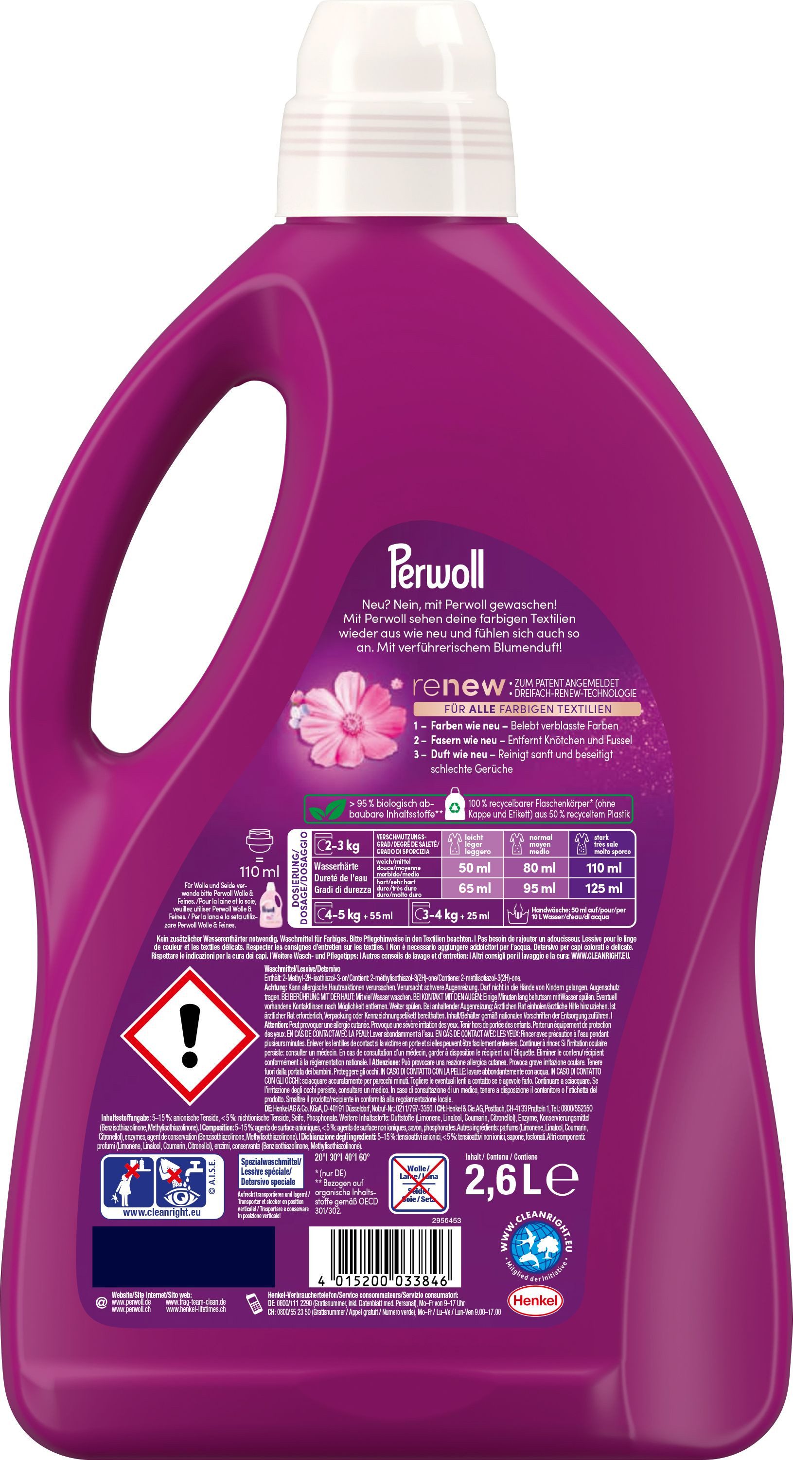 Perwoll PERWOLL Flüssigwaschmittel 52WL Color Blütenrausch 2,6L Colorwaschmittel (1-St. Flüssigwaschmittel mit Dreifach-Renew-Technologie)