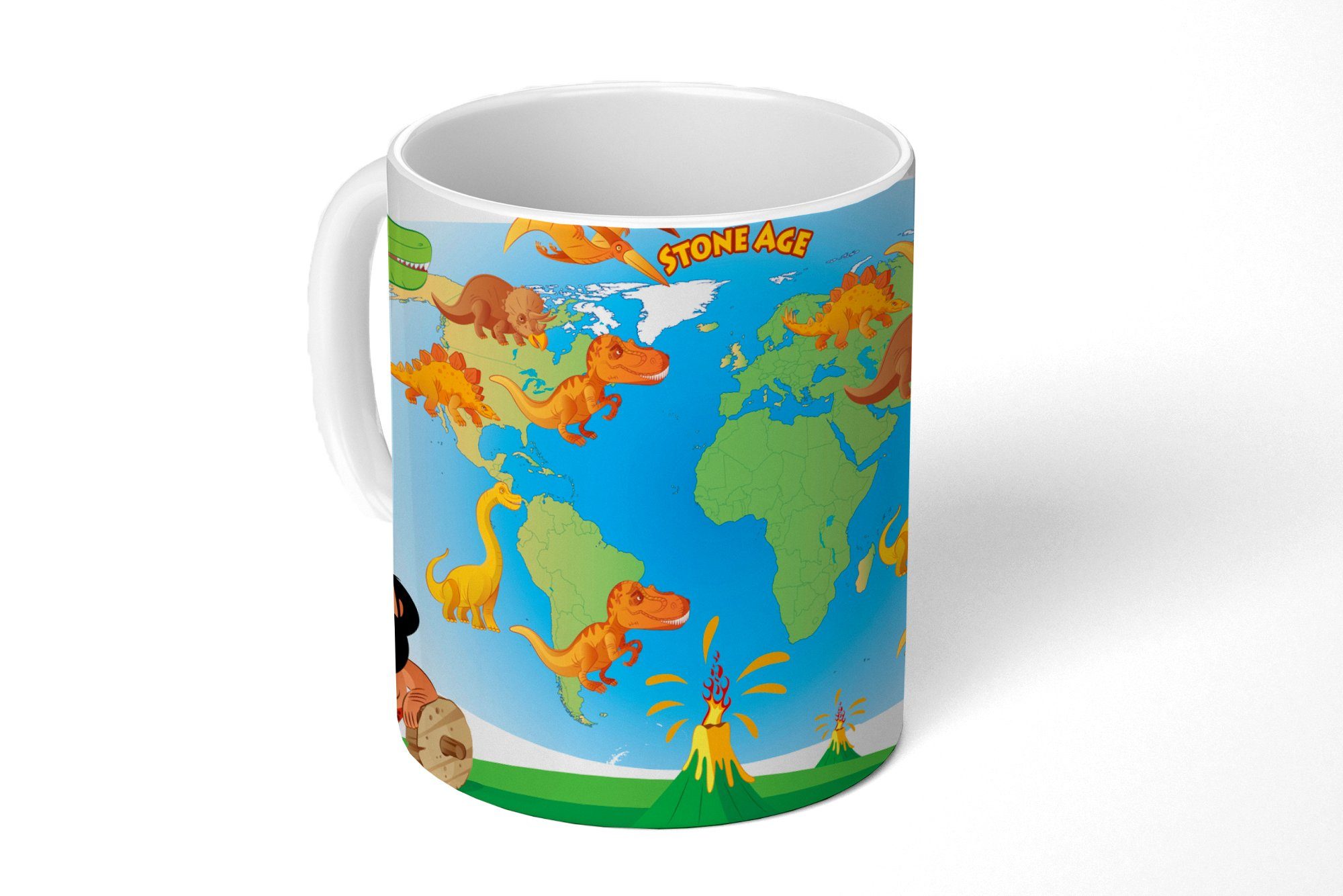 MuchoWow Tasse Weltkarte Kinder - Dinosaurier - Vulkan, Keramik, Kaffeetassen, Teetasse, Becher, Teetasse, Geschenk