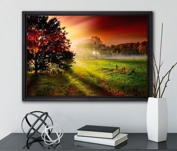 Pixxprint Leinwandbild Sonnenuntergang an Lichtung, Wanddekoration (1 St), Leinwandbild fertig bespannt, in einem Schattenfugen-Bilderrahmen gefasst, inkl. Zackenaufhänger