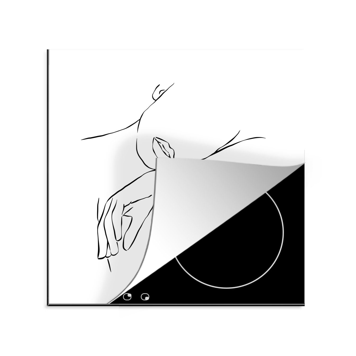 MuchoWow Herdblende-/Abdeckplatte Abstrakte Strichzeichnung einer Frau, die sich auf ihrem Arm ausruht, Vinyl, (1 tlg), 78x78 cm, Ceranfeldabdeckung, Arbeitsplatte für küche