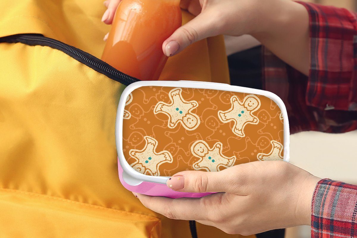 MuchoWow Lunchbox Snackbox, - für Kinder, Brotbox Kunststoff Erwachsene, (2-tlg), Lebkuchen Kunststoff, Brotdose Schnittmuster Mädchen, rosa - Plätzchen