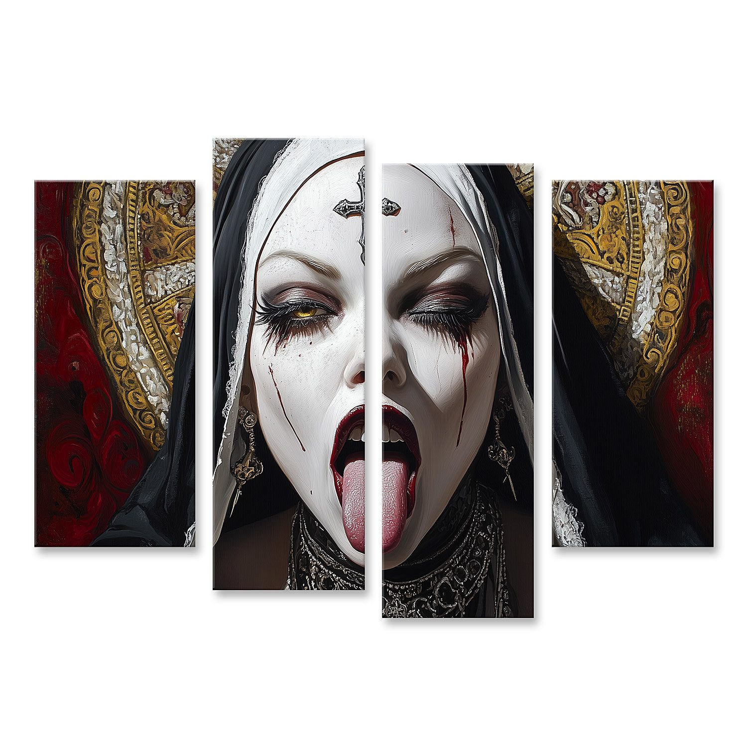 islandburner Leinwandbild Gothic Nonne mit ausgestreckter Zunge und Kreuz