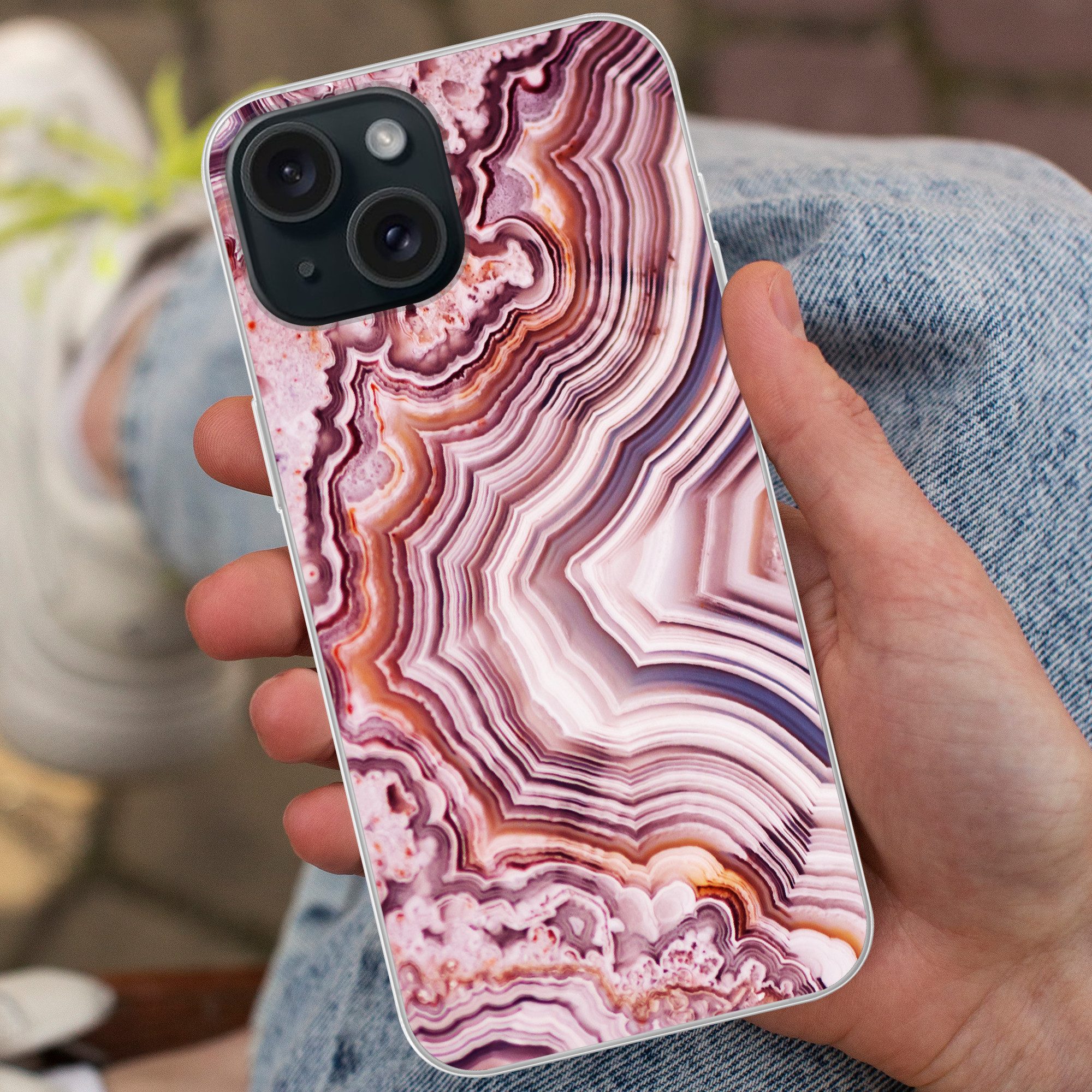 MuchoWow Handyhülle für Apple iPhone 15 Naturstein - Rosa - Luxus, Smartphone-Bumper, Print, Handy Schutzhülle Dünn