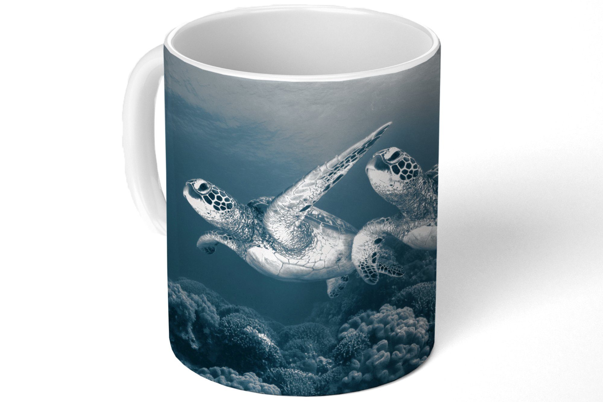 MuchoWow Tasse Schildkröte - Meerestiere Kaffeetassen, und Teetasse, Tiere, Becher, - Teetasse, Wilde Schwarz weiß - Geschenk Keramik