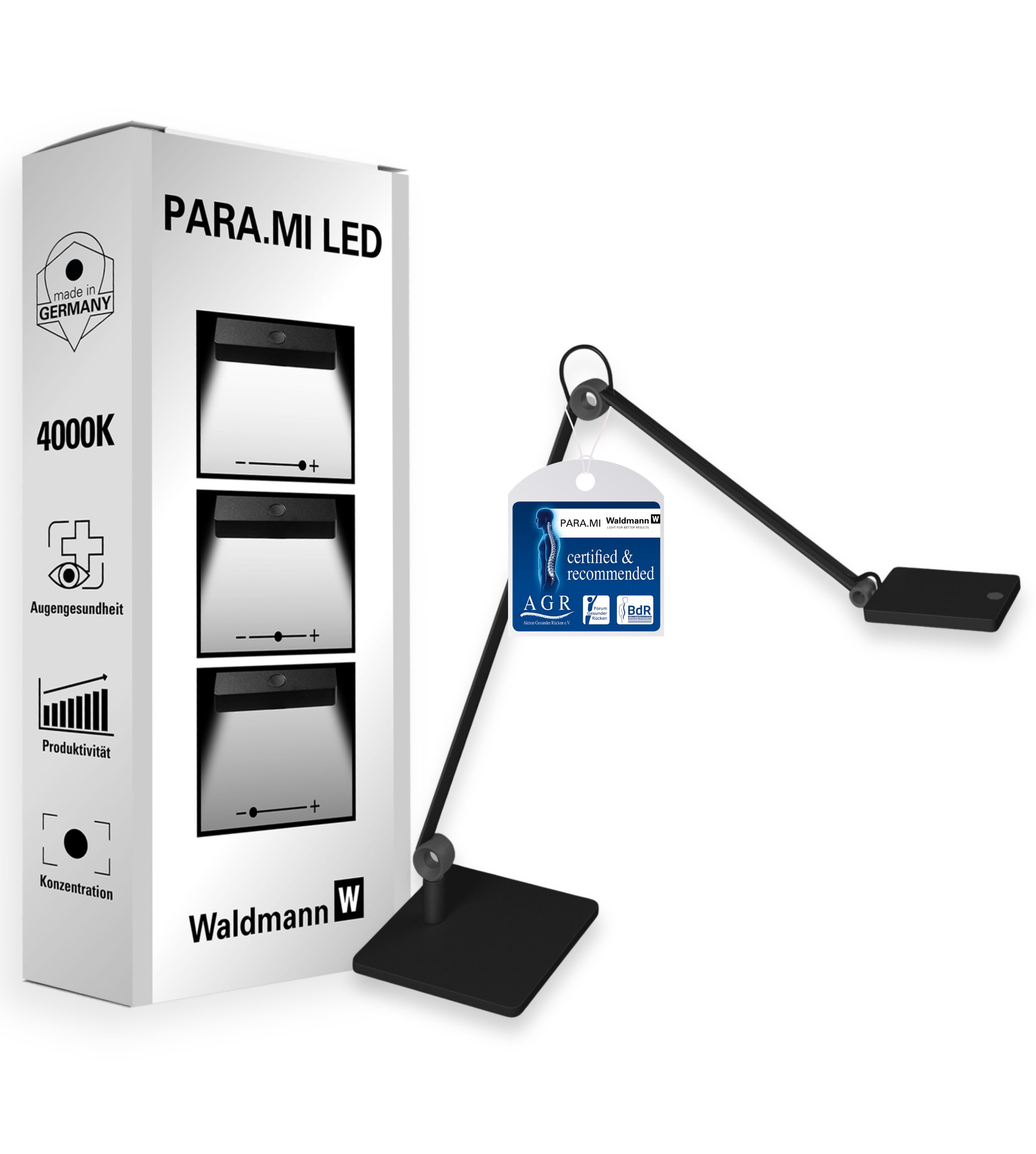 Waldmann LED Schreibtischlampe PARA.MI HOME Schreibtisch Lampe & Arbeitsleuchte, Leselampe, 4000K, LED wechselbar, Neutralweiß, Verstellbarer Arm, Flexibel, Speicherfunktion, Dimmbar
