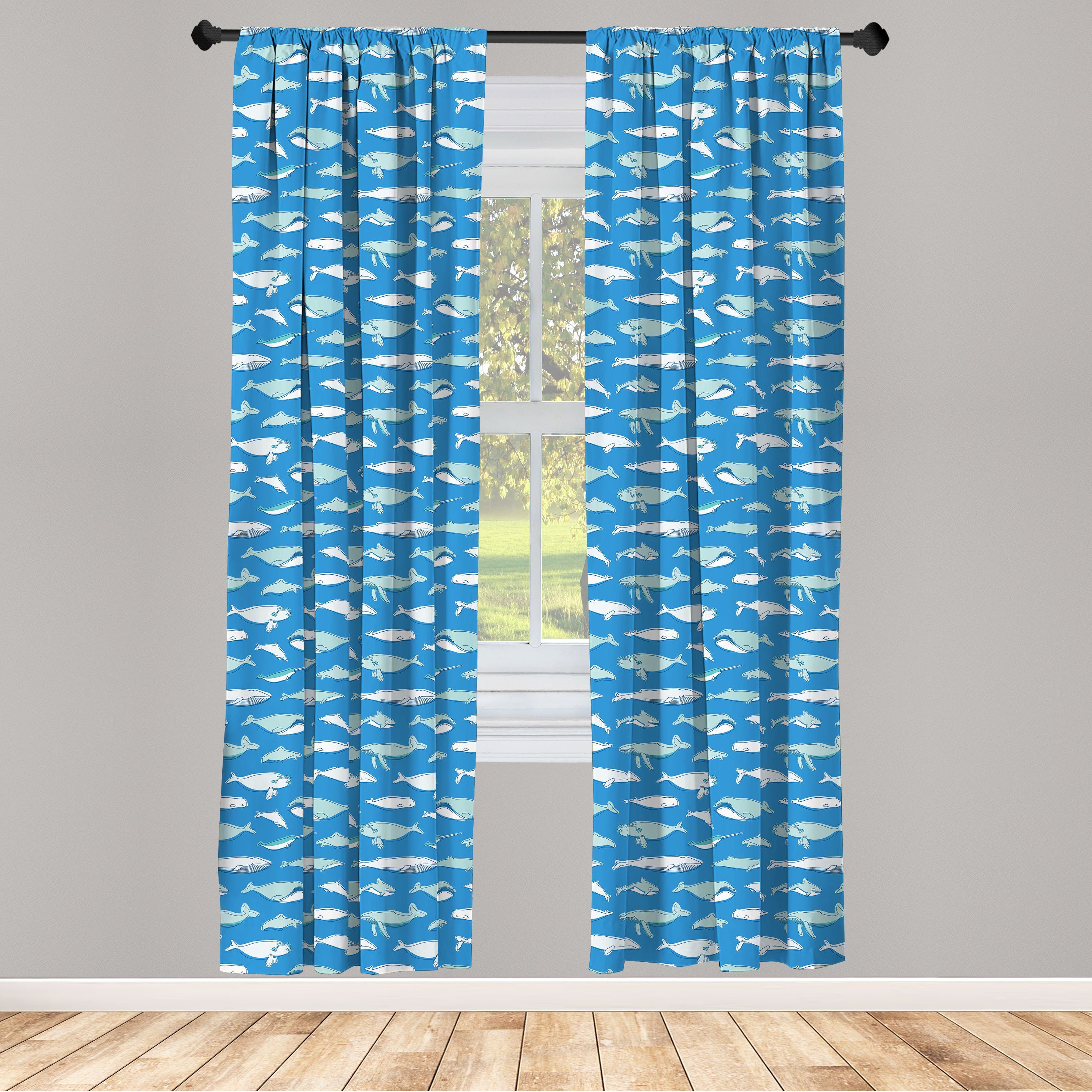 Gardine Vorhang für Wohnzimmer Schlafzimmer Dekor, Abakuhaus, Microfaser, Wal Säugetier Fisch Rassen auf Blau