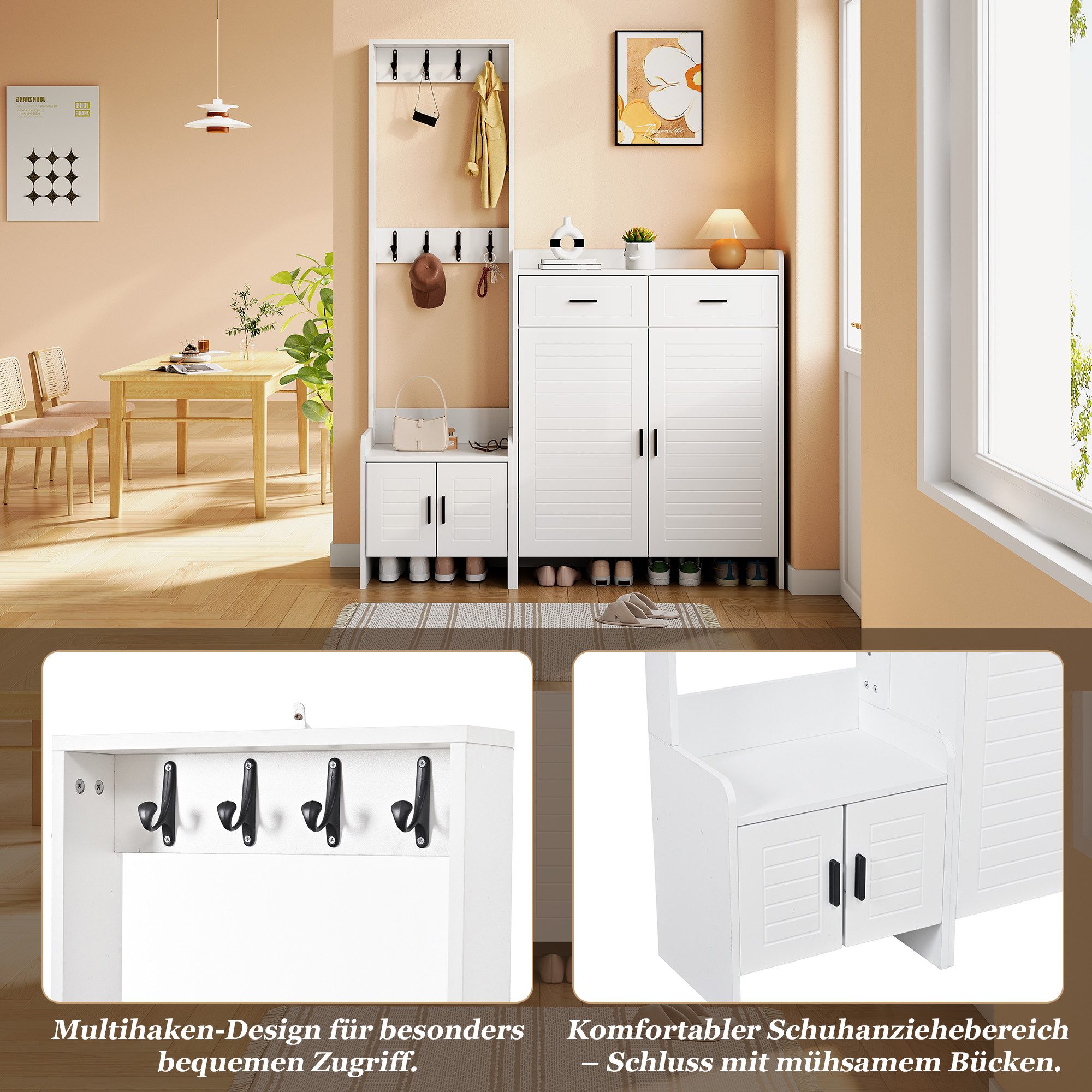 Merax Garderoben-Set Garderobenschrank mit Schuhschrank, (Schuhregal mit 10 Staufächern, 1-St., für Eingangsbereich), Flurgarderobe mit 8 Haken, 2 Schubladen &  – Bild 4 von 5