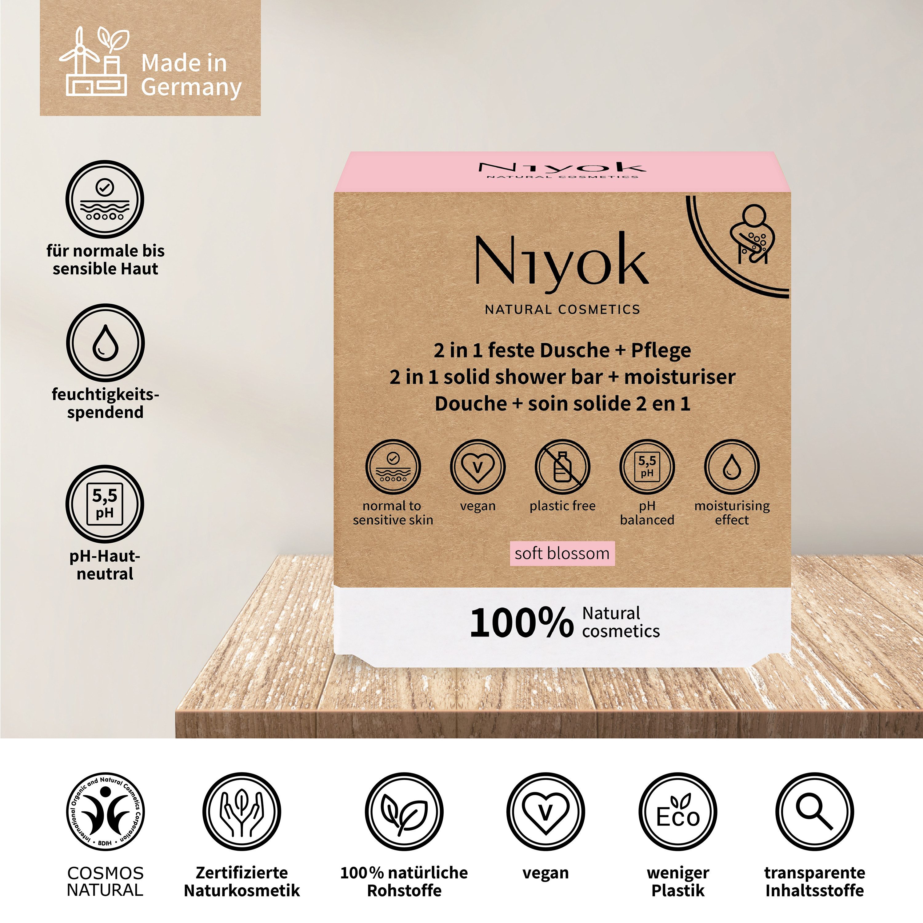 Niyok Feste Duschseife + Pflege 2-in-1 Naturkosmetik, Vegane Seife für Körper & Hände, Seife für Körper & Hände, Plastikfrei & Vegan, PH-Neutral