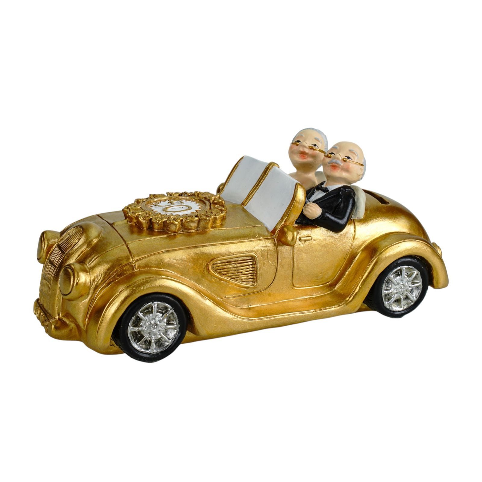 Kremers Schatzkiste Spardose XXL Goldhochzeit 50 Jahre Gold-Paar im Oldtimer 21 x 15 cm, Handbemalt