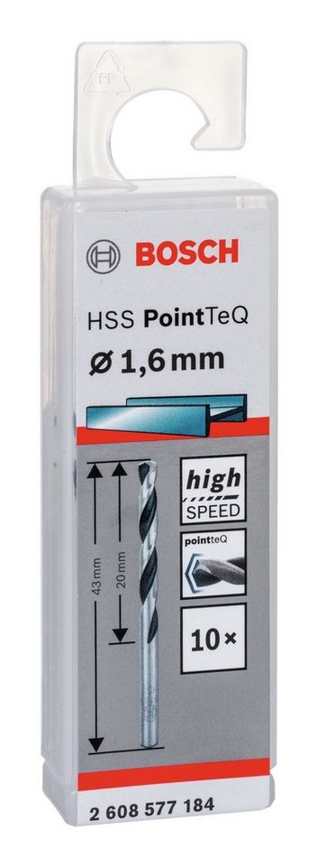Thumbnail - BOSCH Metallbohrer, (10 Stück), HSS PointTeQ (DIN 338) Metallspiralbohrer - 1,6 mm - 10er-Pack