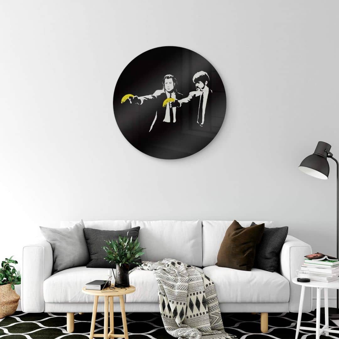 K&L Wall Art Glasbild Glas Wandbild Rund Glasbild Banksy Graffiti Street Art Pulp Fiction, Wandschutz Deko Bilder