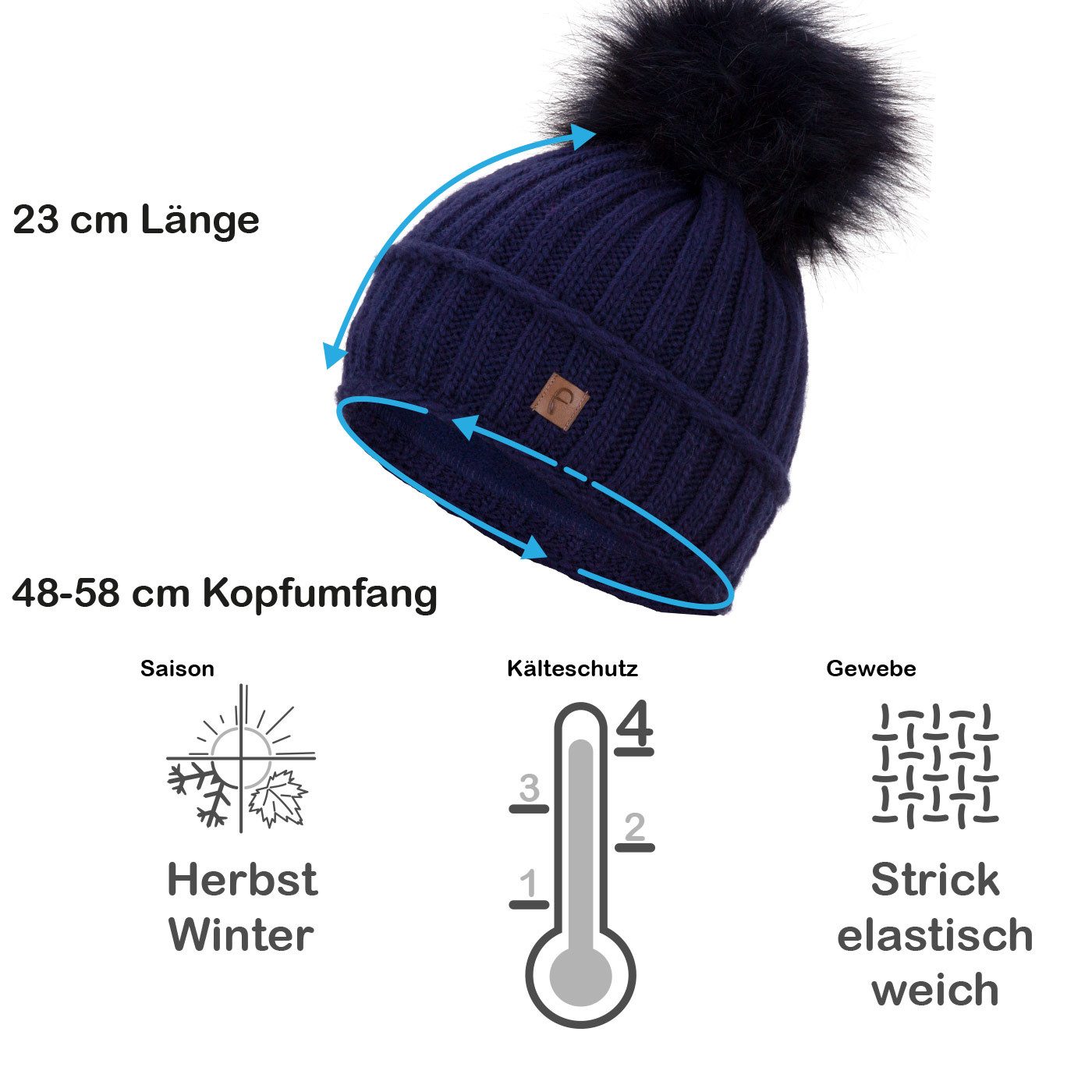 Faera Bommelmütze Wintermütze Damen Herren Mütze Beanie Haube gefüttert Bommelmütze
