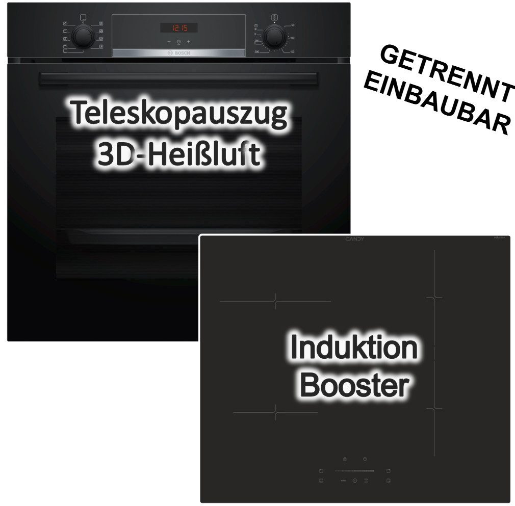 BOSCH Backofen-Set Hydrolyse Teleskopauszug Pizzastufe + Candy Induktionskochfeld Booster, mit 1-fach Teilauszug, Hydrolyse EcoClean Direct